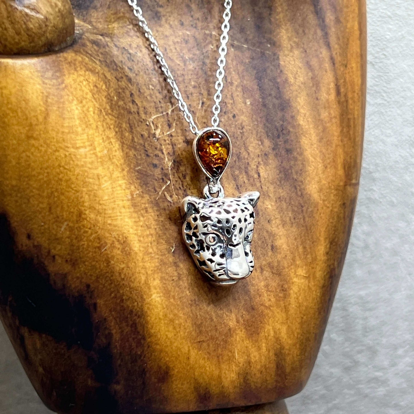 Baltic Amber Sterling Silver Leopard Pendant - Twelve Silver Trees