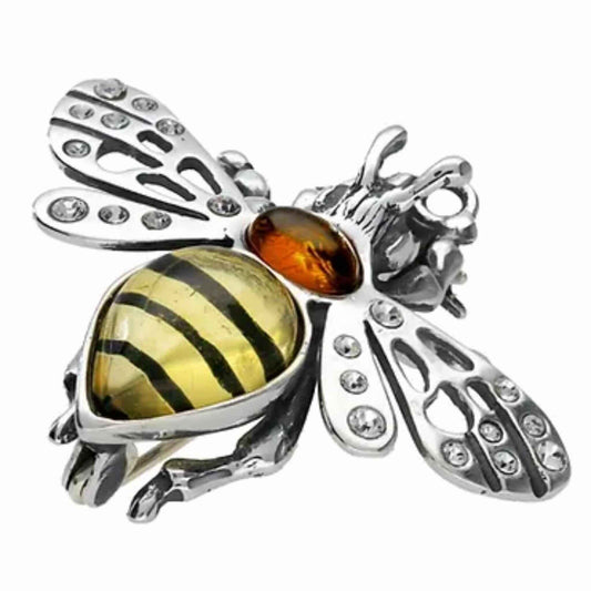 Baltic Amber & Zirconia Sterling Silver Bee Brooch - Twelve Silver Trees
