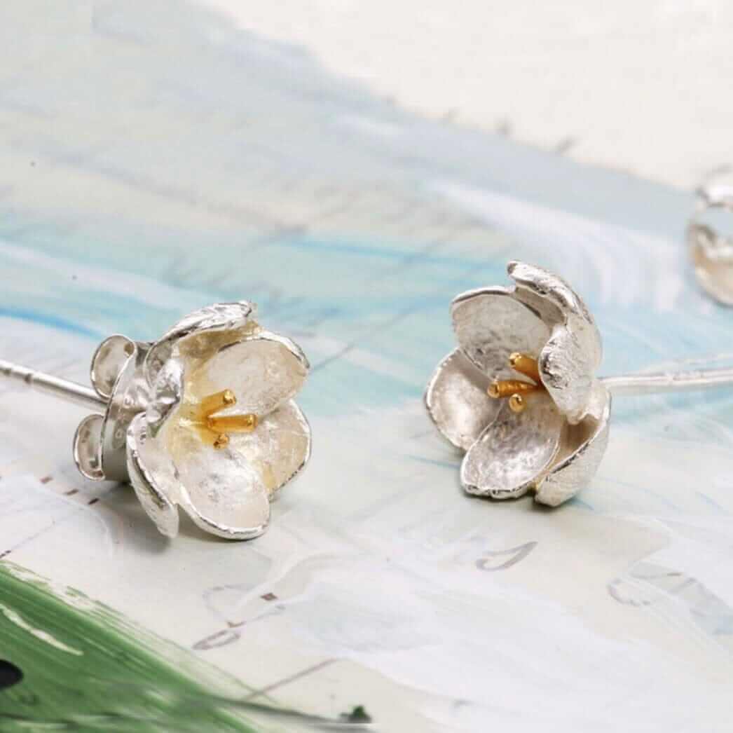 Buttercup Flower Sterling Silver Stud Earrings - Twelve Silver Trees