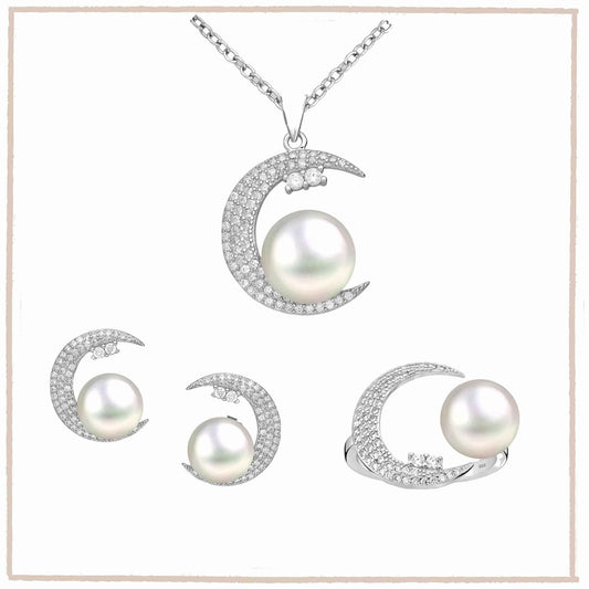 Crescent Moon & Freshwater Pearl Sterling Silver Pendant, Earrings Ring - Twelve Silver Trees