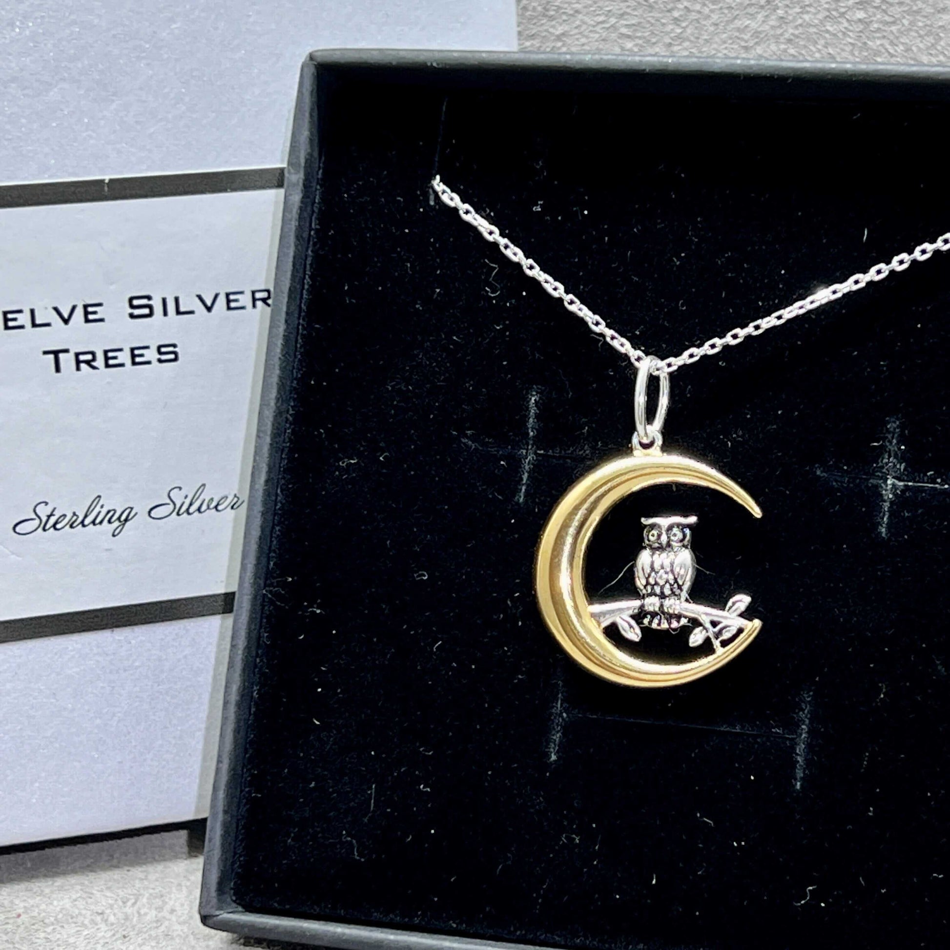 Crescent Moon & Owl Pendant In Sterling Silver & 18 Carat Gold - Twelve Silver Trees