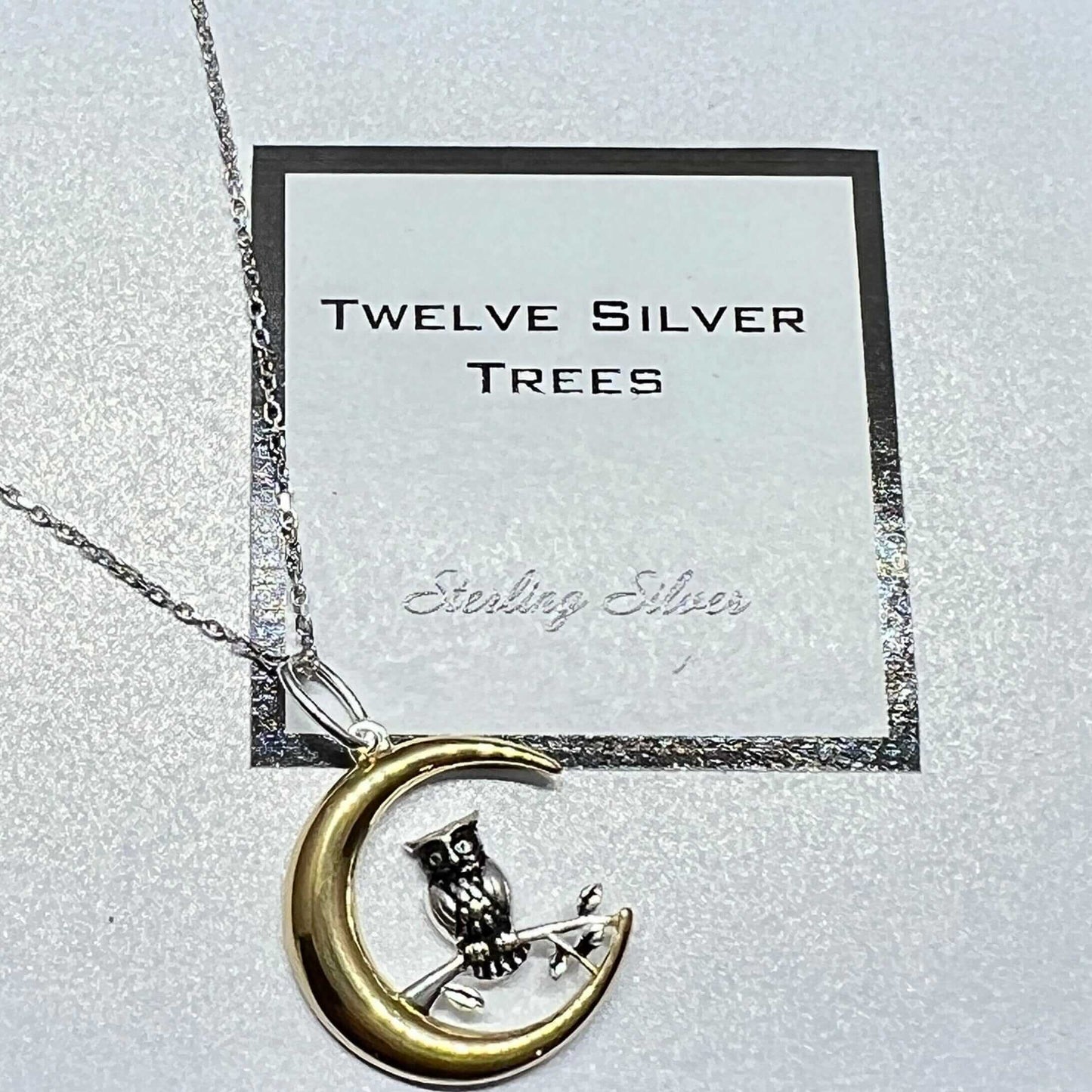 Crescent Moon & Owl Pendant In Sterling Silver & 18 Carat Gold - Twelve Silver Trees