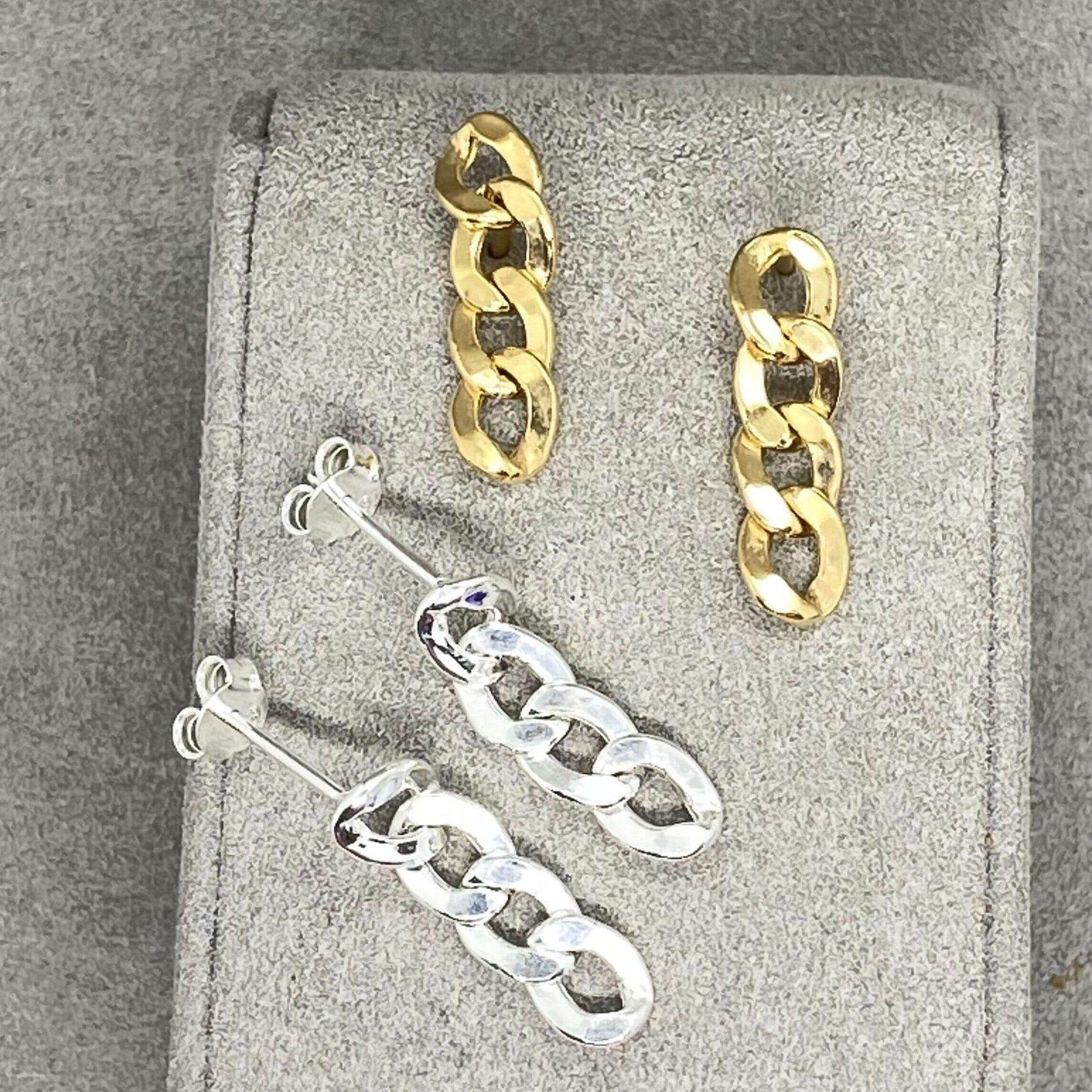 Curb Chain Link Drop Stud Earrings - Twelve Silver Trees
