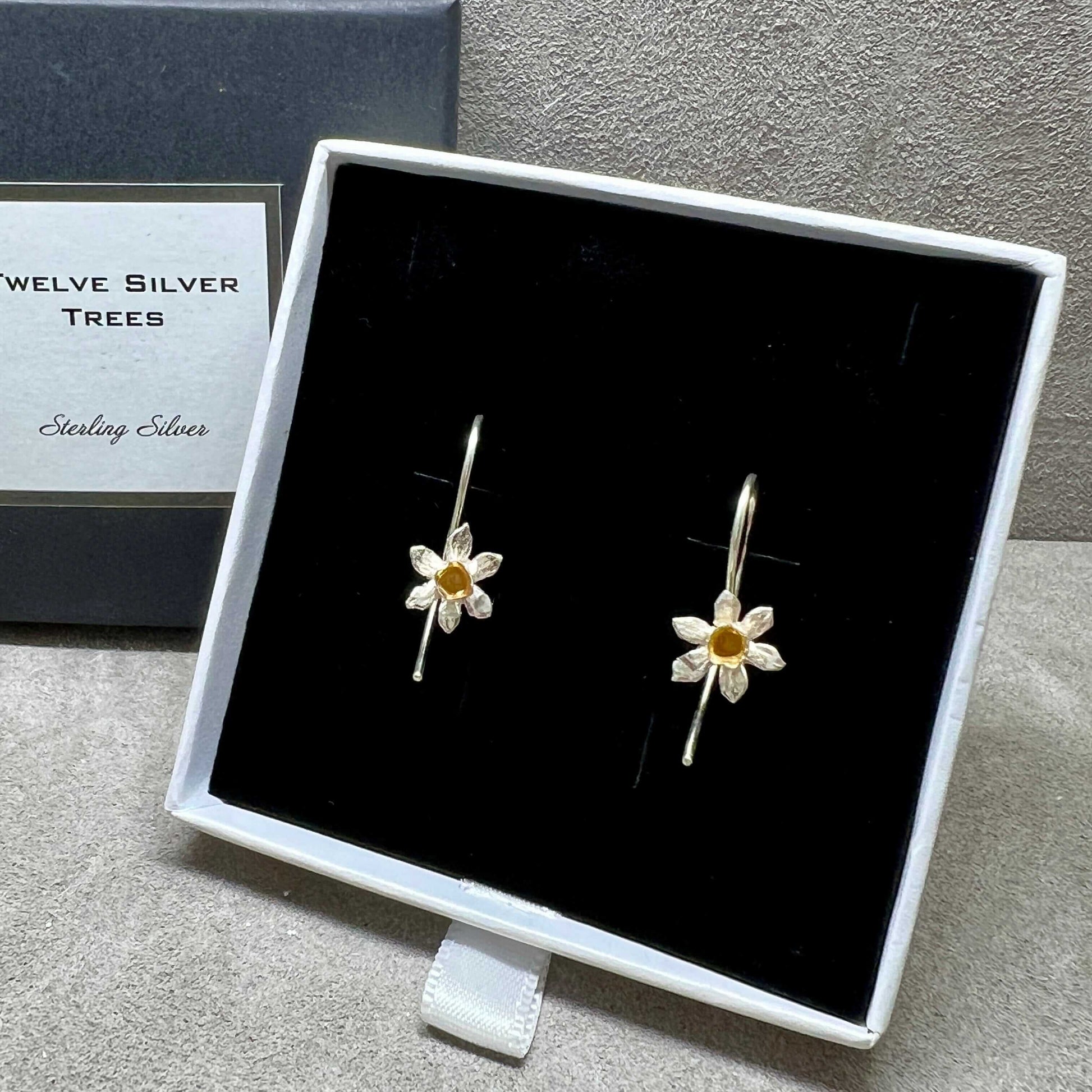 Daffodil Flower Earrings in Sterling Silver & 18 Carat Gold - Twelve Silver Trees