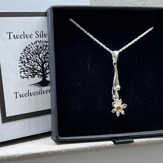 Daffodil Flower Pendant in Sterling Silver & 18 Carat Gold - Twelve Silver Trees