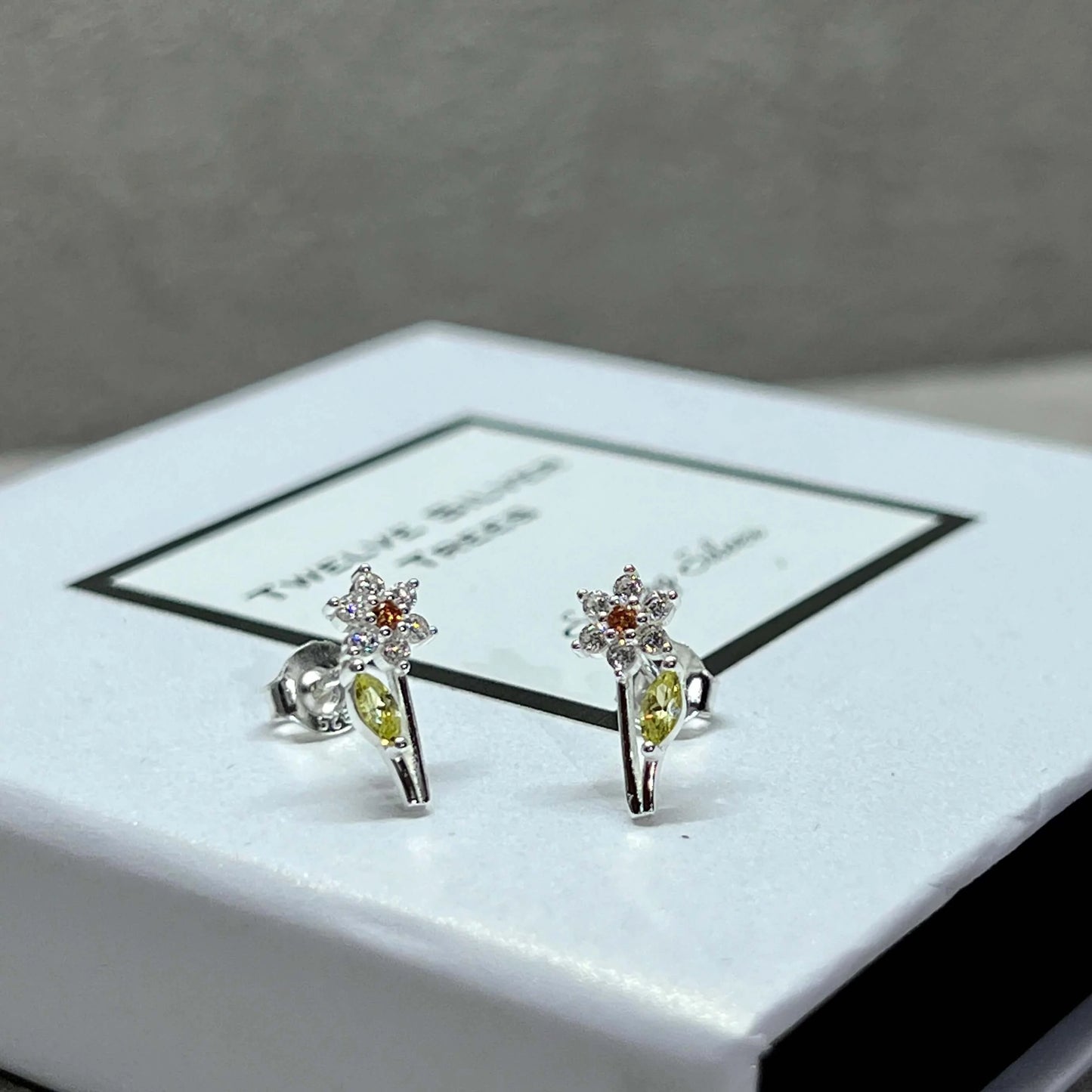 Dainty Daffodil Stud Earrings with Coloured Zirconia in Sterling Silver. - Twelve Silver Trees