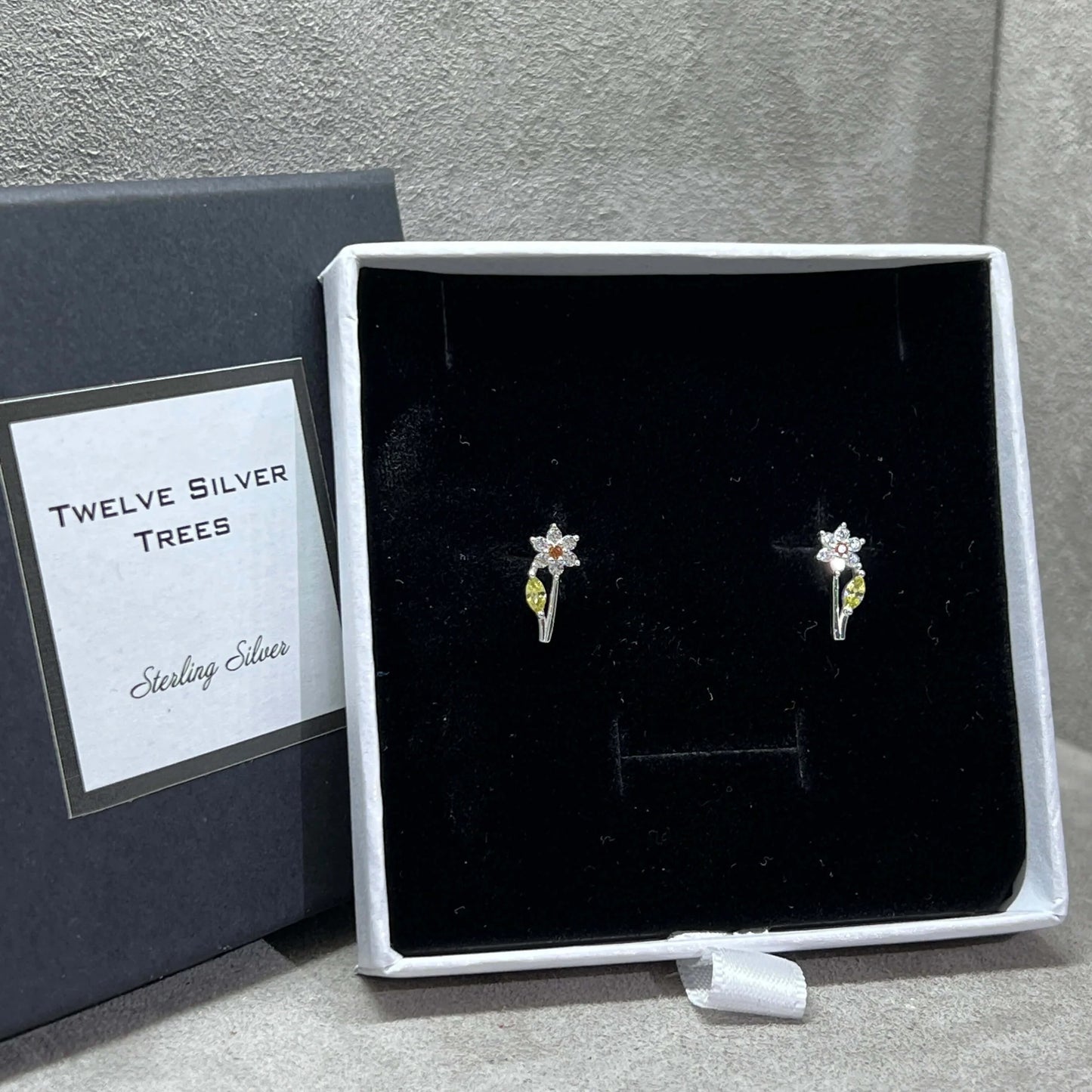 Dainty Daffodil Stud Earrings with Coloured Zirconia in Sterling Silver. - Twelve Silver Trees