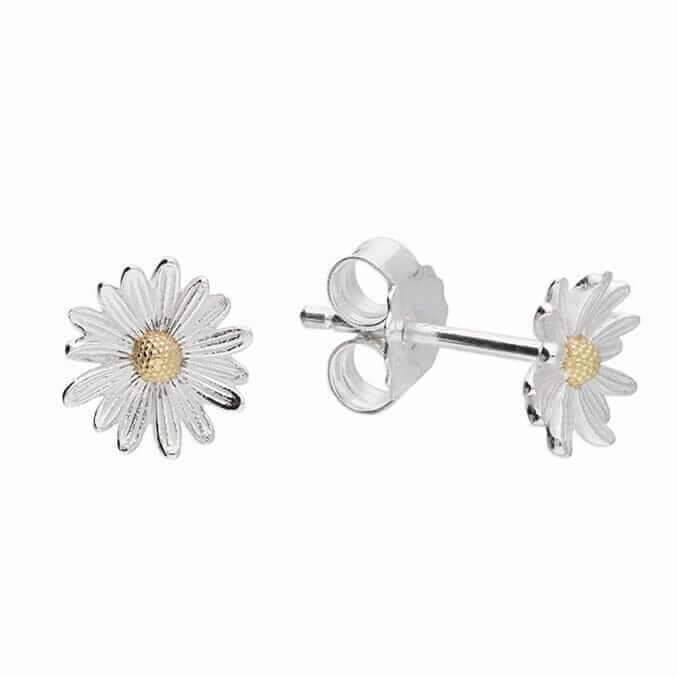 Daisy Stud Earrings in Sterling Silver & 18 Carat Gold April Birth Flower - Twelve Silver Trees