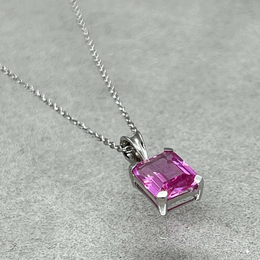 Emerald Cut 6x4mm Pink Topaz Sterling Silver Pendant. - Twelve Silver Trees