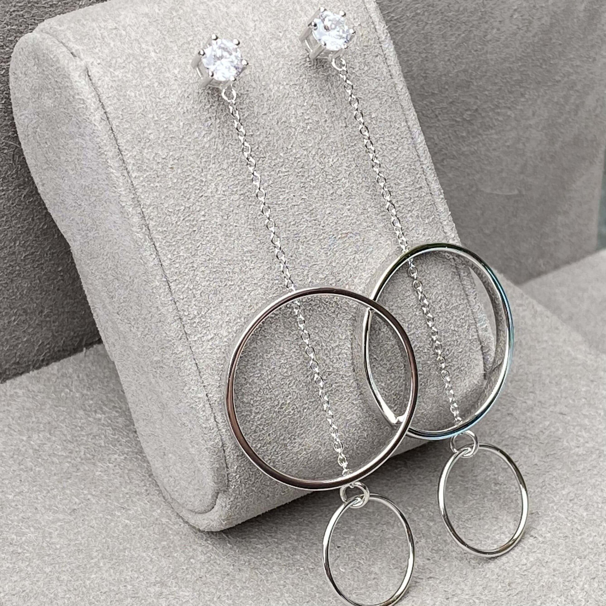 Suspended Circle Sterling Silver Solitaire Drop Earrings - Twelve Silver Trees