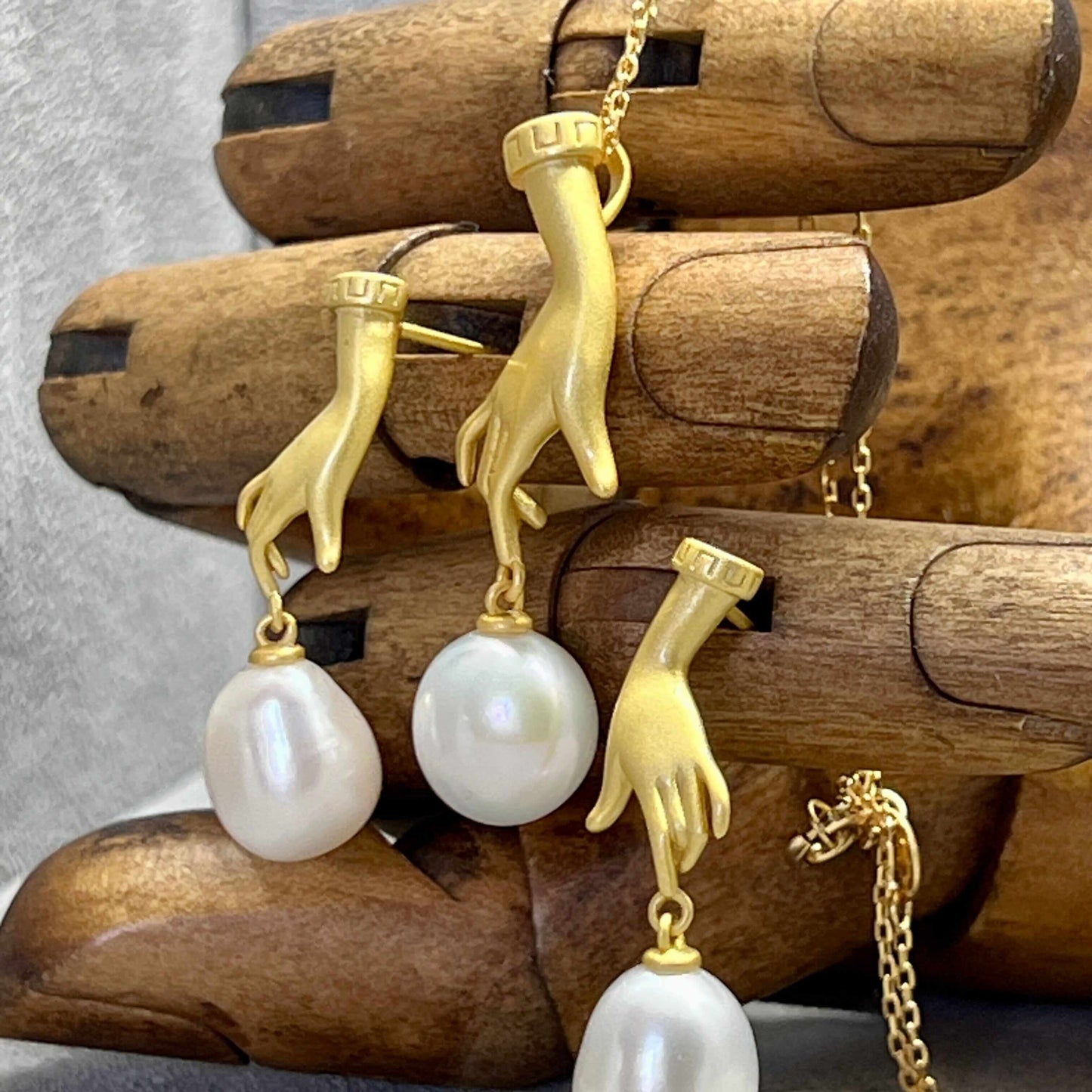 Freshwater Pearl & Sterling Silver Hand Pendant & Earrings - Twelve Silver Trees