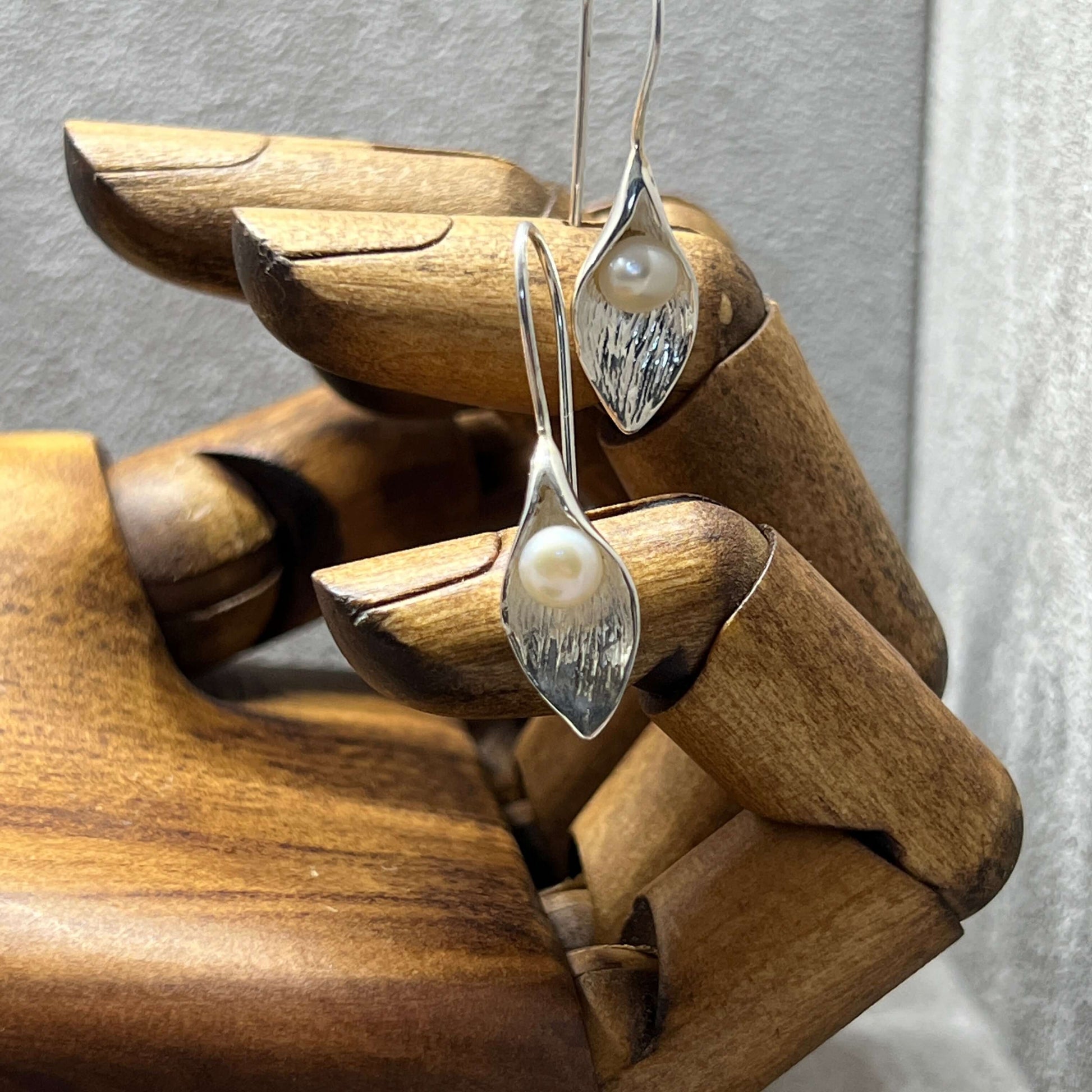 Hand Crafted Calla Lily in Sterling Silver & Freshwater Pearl Earrings - Twelve Silver Trees