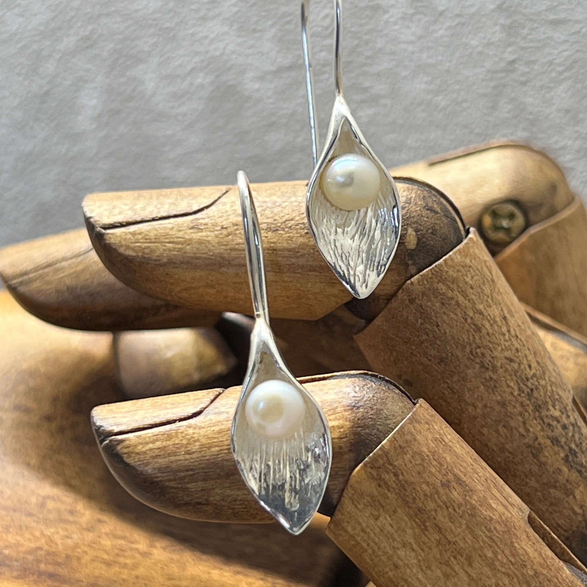 Hand Crafted Calla Lily in Sterling Silver & Freshwater Pearl Earrings - Twelve Silver Trees