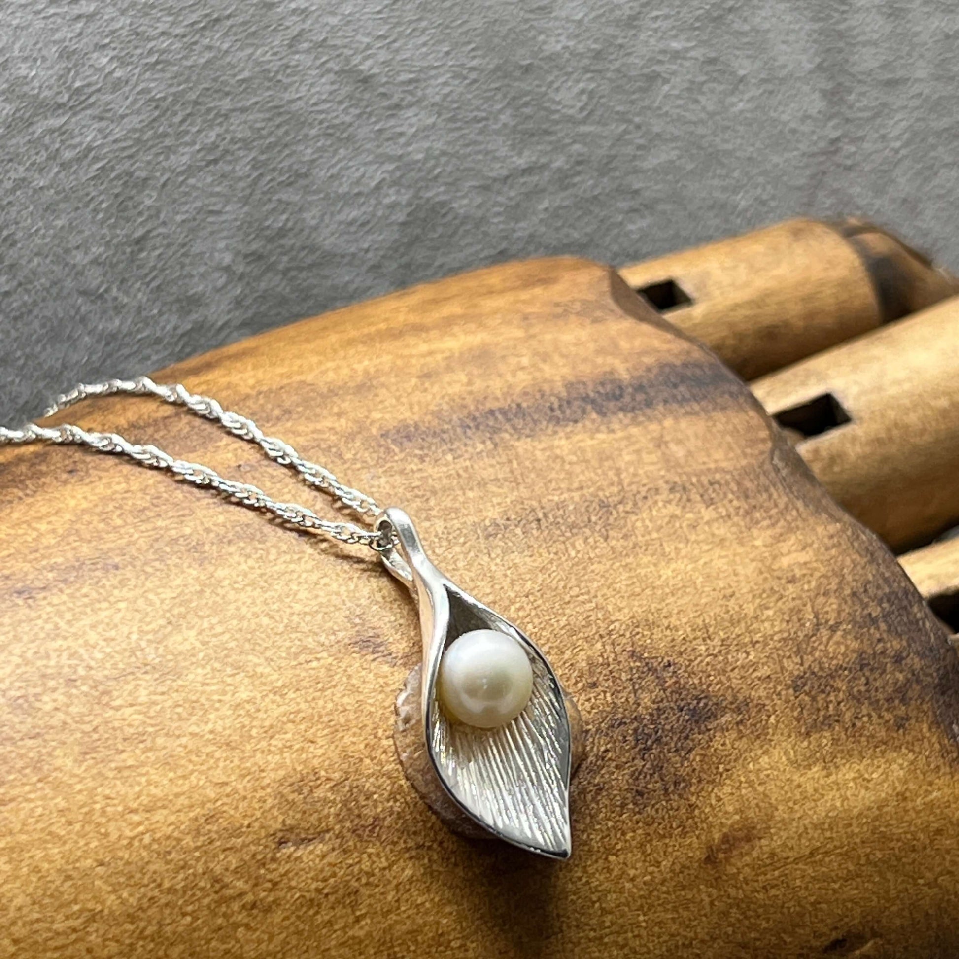 Hand Crafted Calla Lily in Sterling Silver & Freshwater Pearl Pendant - Twelve Silver Trees