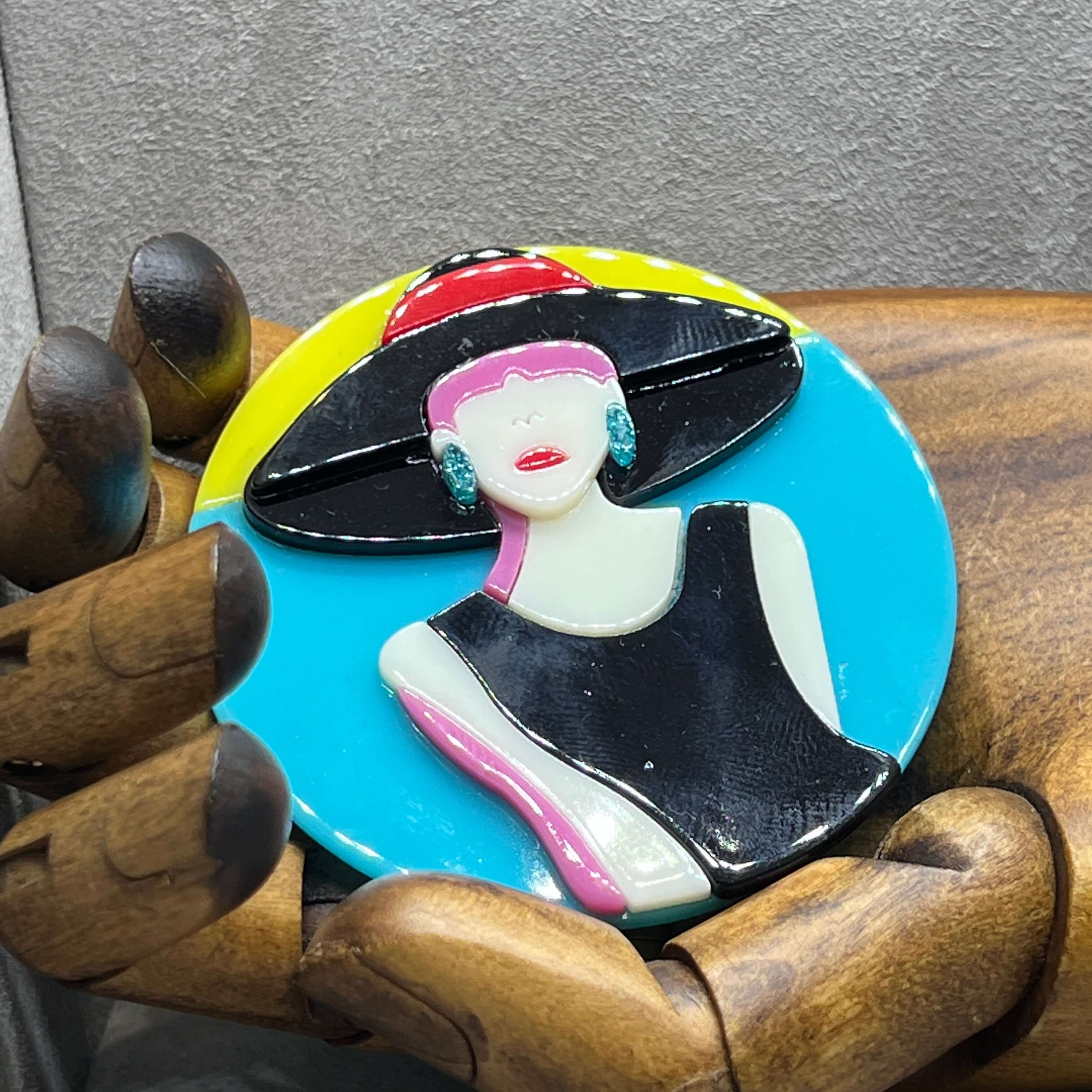 Acrylic Art Brooch Blue Deco Lady Twelve Silver Trees