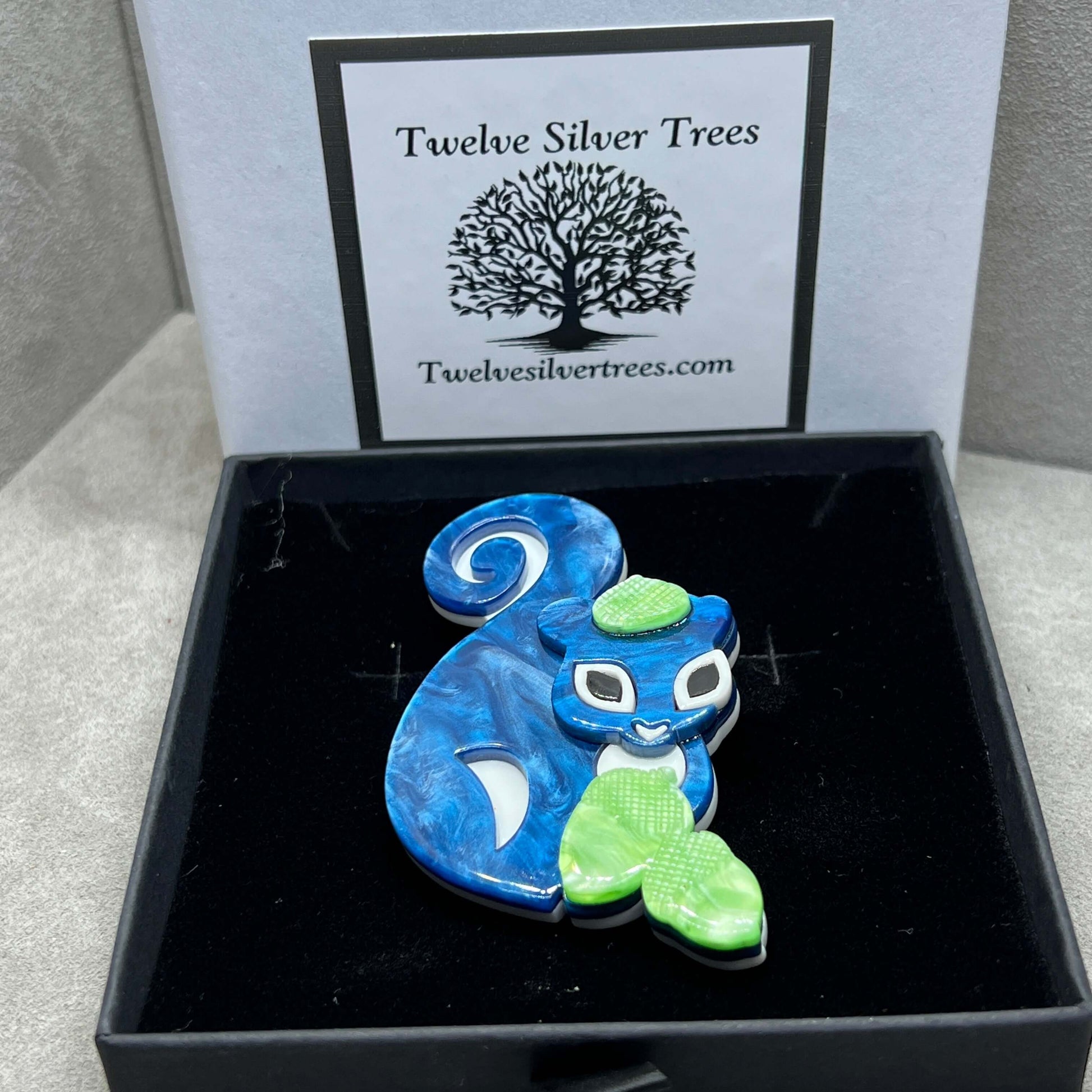 Handmade Acrylic Art Brooch - “Nuts About You” Blue Squirrel - Twelve Silver Trees