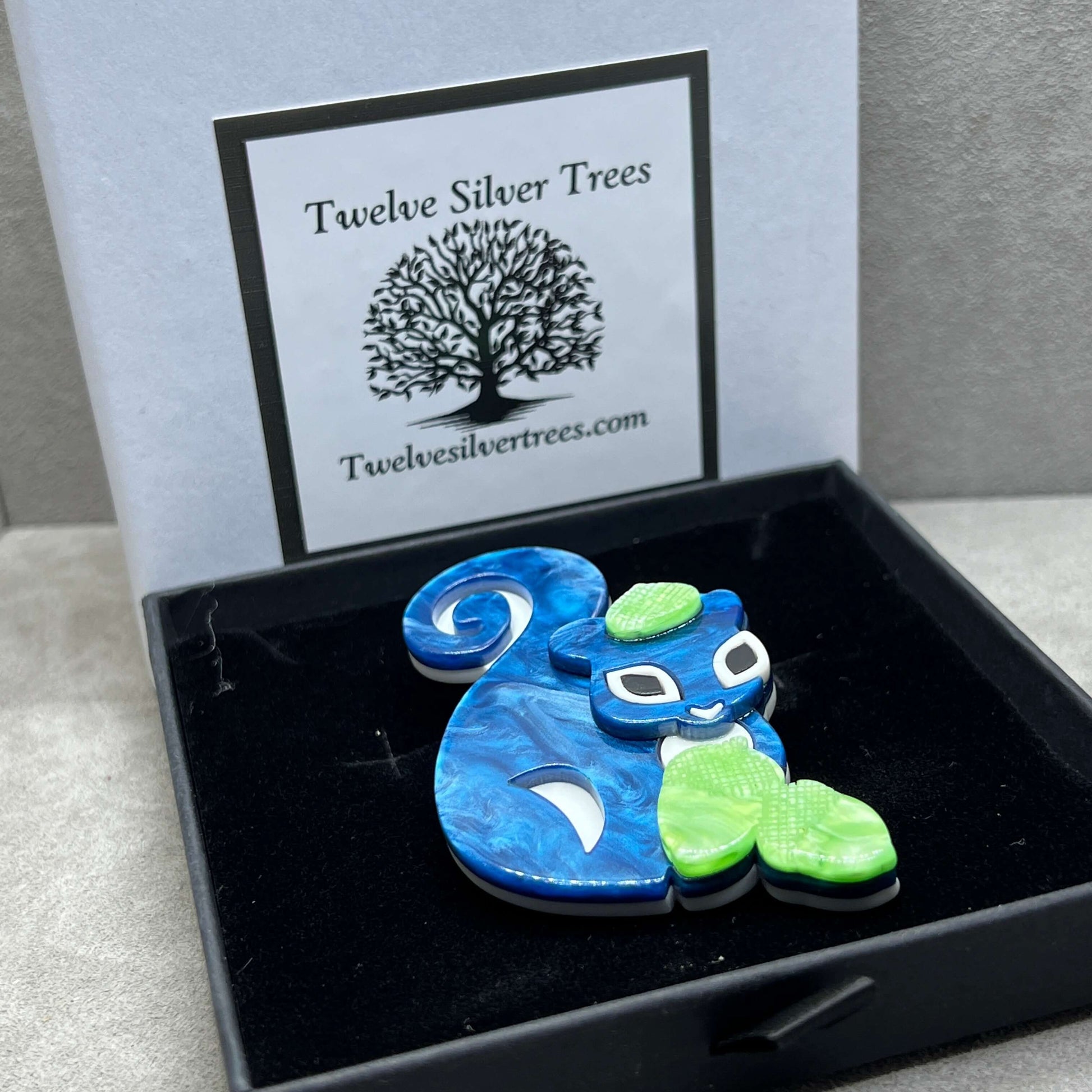 Handmade Acrylic Art Brooch - “Nuts About You” Blue Squirrel - Twelve Silver Trees