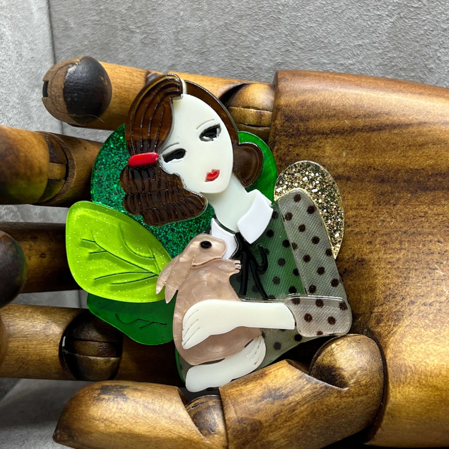 Handmade Acrylic Art Brooch - Deco Lady With Rabbit - Twelve Silver Trees