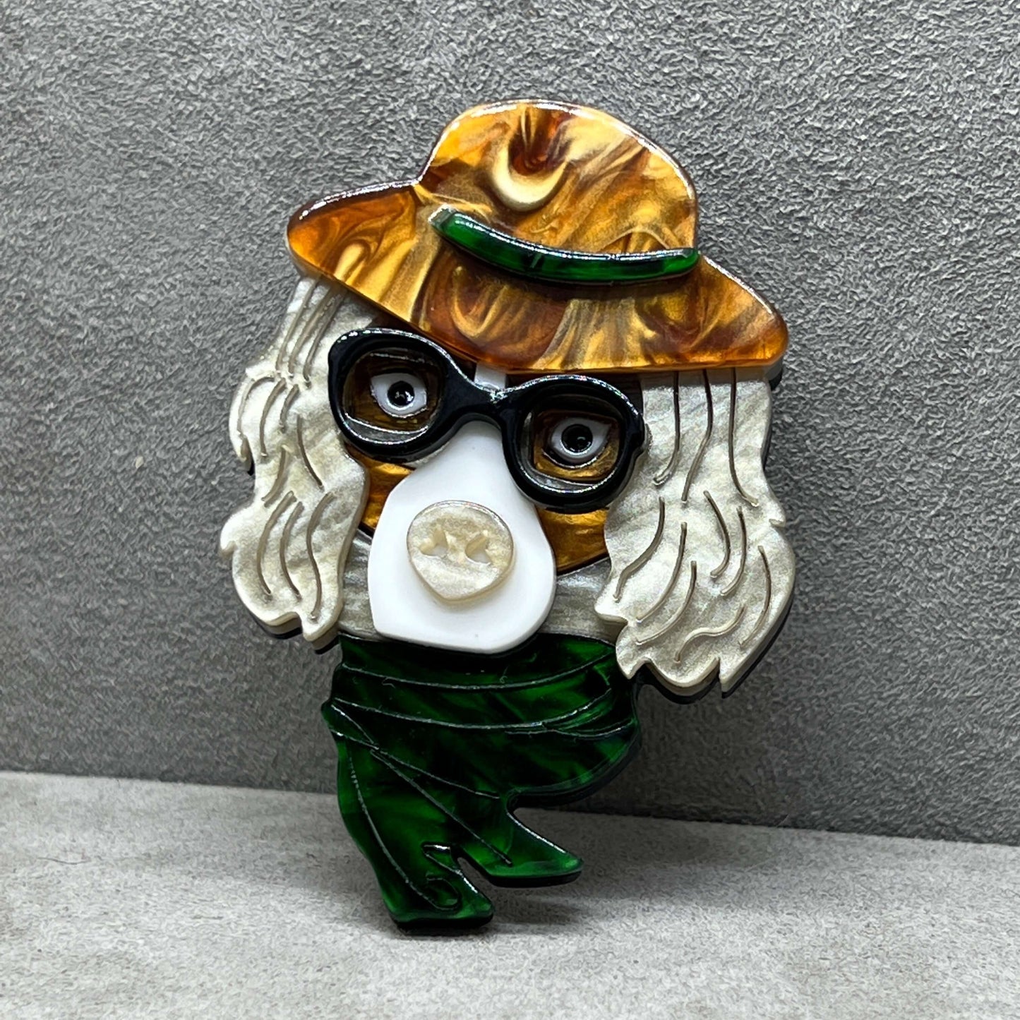 Handmade Acrylic Art Brooch - Spaniel With Hat - Twelve Silver Trees