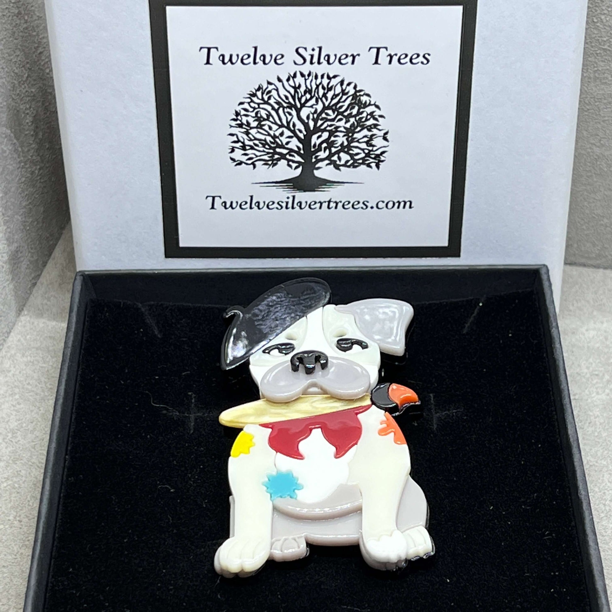 Handmade Acrylic Art Brooch - The Artful Puppy - Twelve Silver Trees