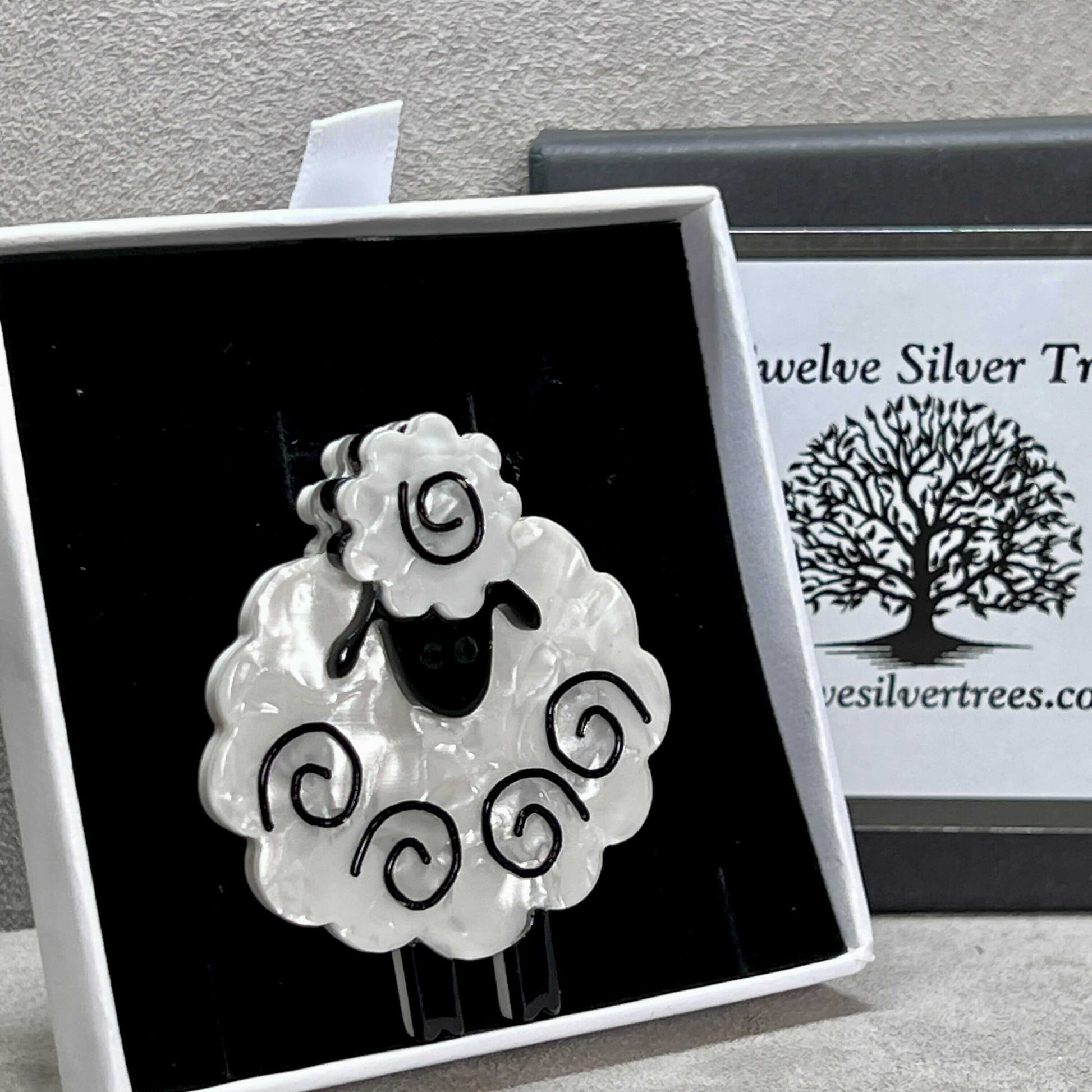 Handmade Acrylic Art Brooch - The Happy Sheep - Twelve Silver Trees