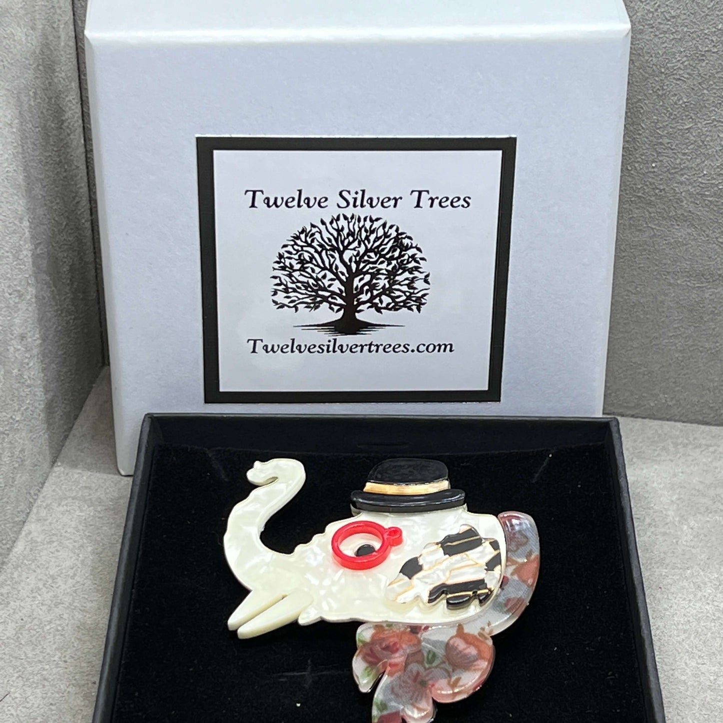 Handmade Acrylic Art Brooch - The Unforgettable Elephant - Twelve Silver Trees