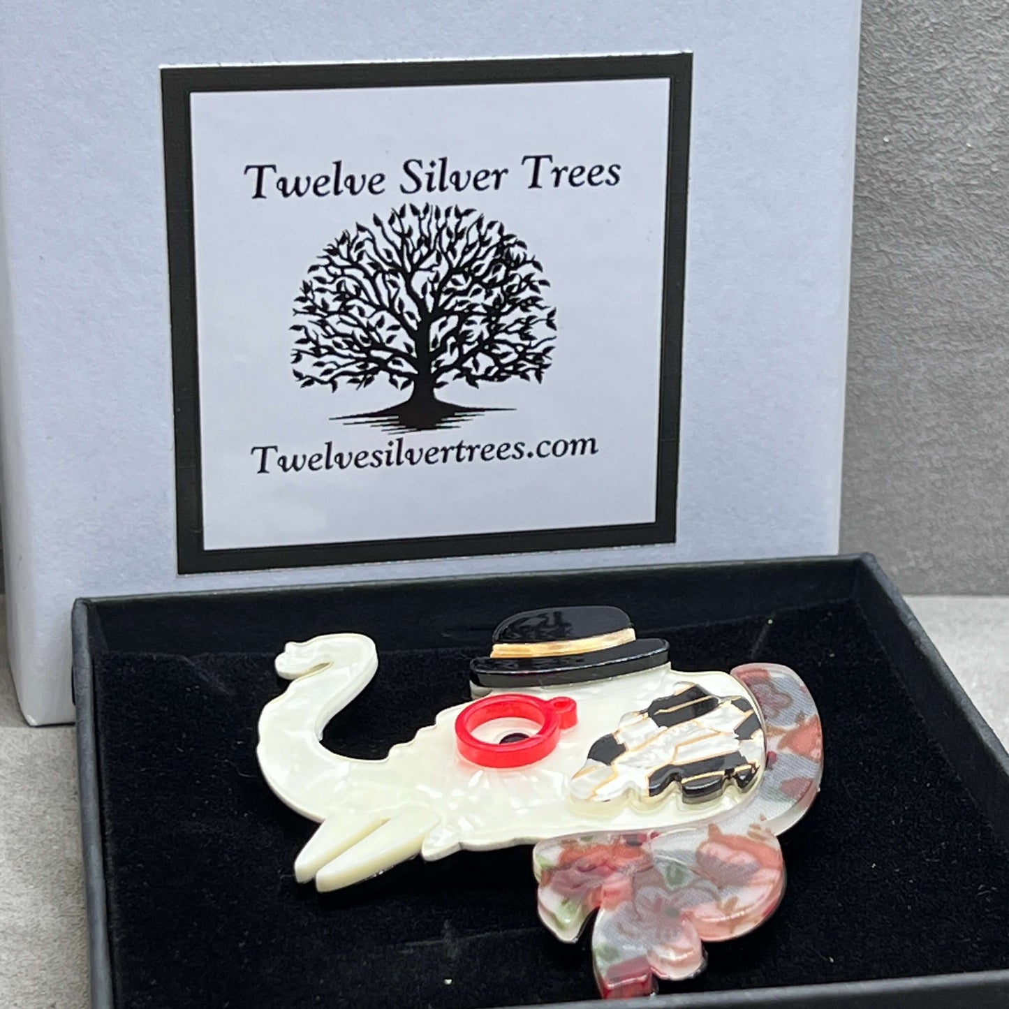 Handmade Acrylic Art Brooch - The Unforgettable Elephant - Twelve Silver Trees