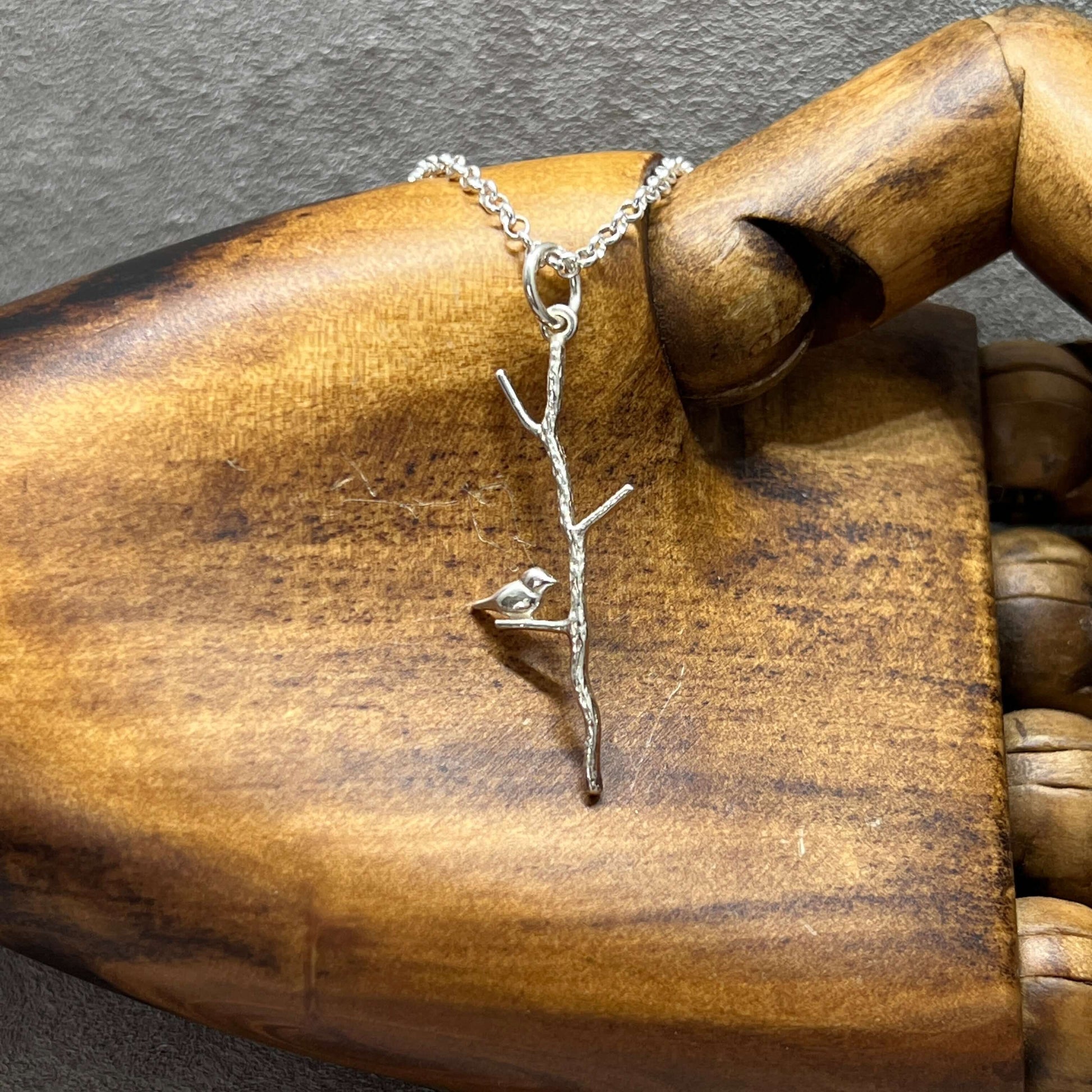 Handmade Bird on Tree Sterling Silver Pendant - Twelve Silver Trees