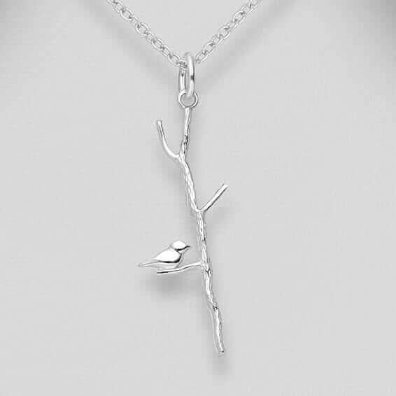 Handmade Bird on Tree Sterling Silver Pendant - Twelve Silver Trees