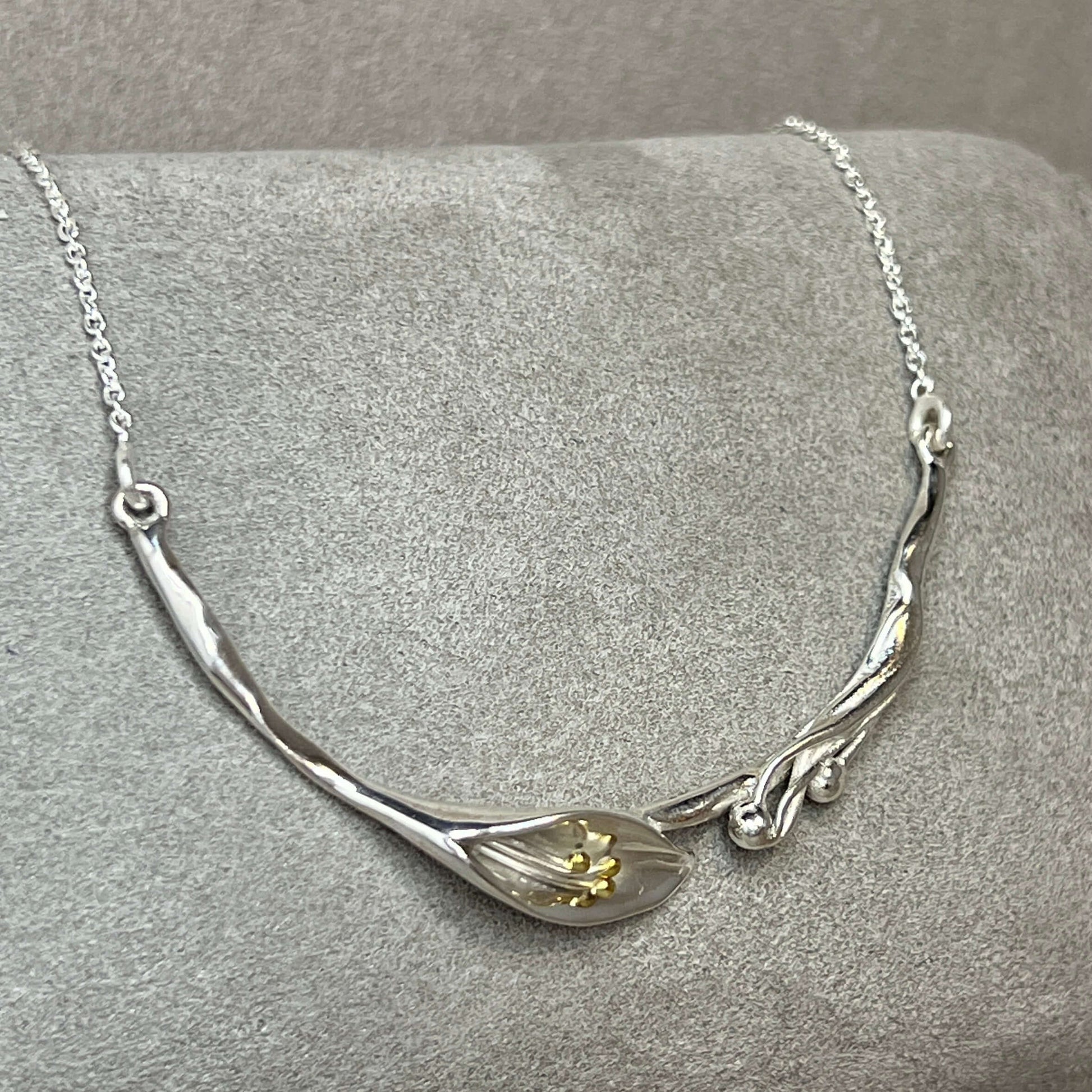Elegant Calla Lily Handmade Bar Necklace in Sterling Silver & 14 Carat Gold - Twelve Silver Trees