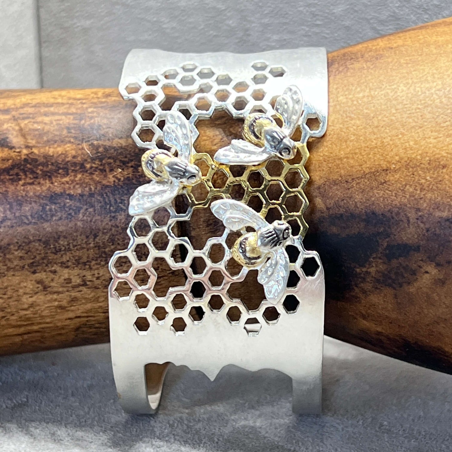 Statement Honeycomb & Honeybee Bangle In Sterling Silver - Twelve Silver Trees