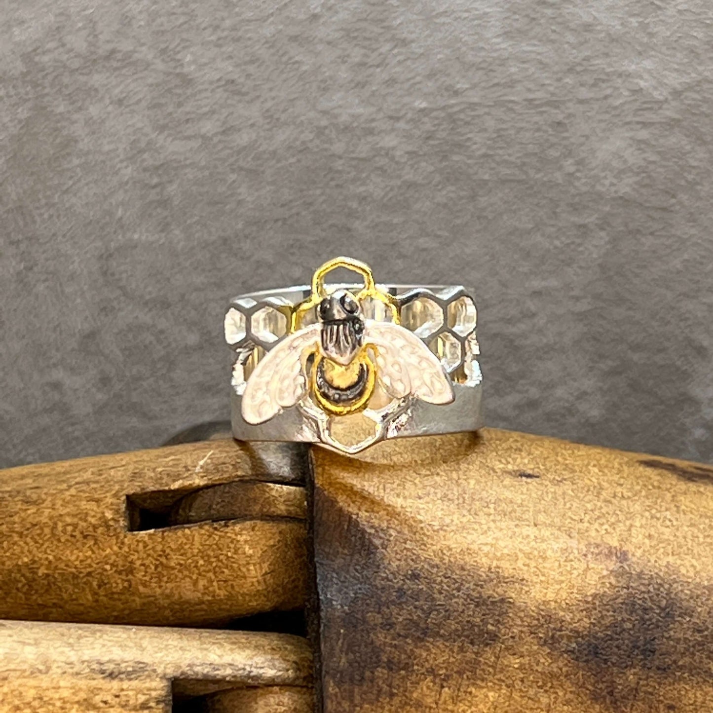 Honeycomb & Honeybee Wide Band Ring By Paula Bolton - Twelve Silver Trees