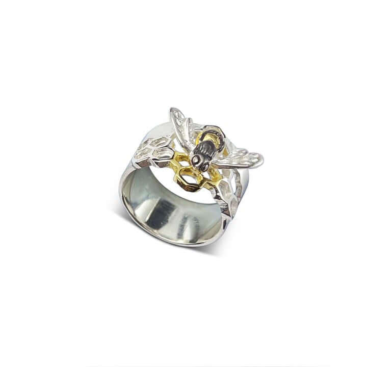 Honeycomb & Honeybee Wide Band Ring By Paula Bolton - Twelve Silver Trees