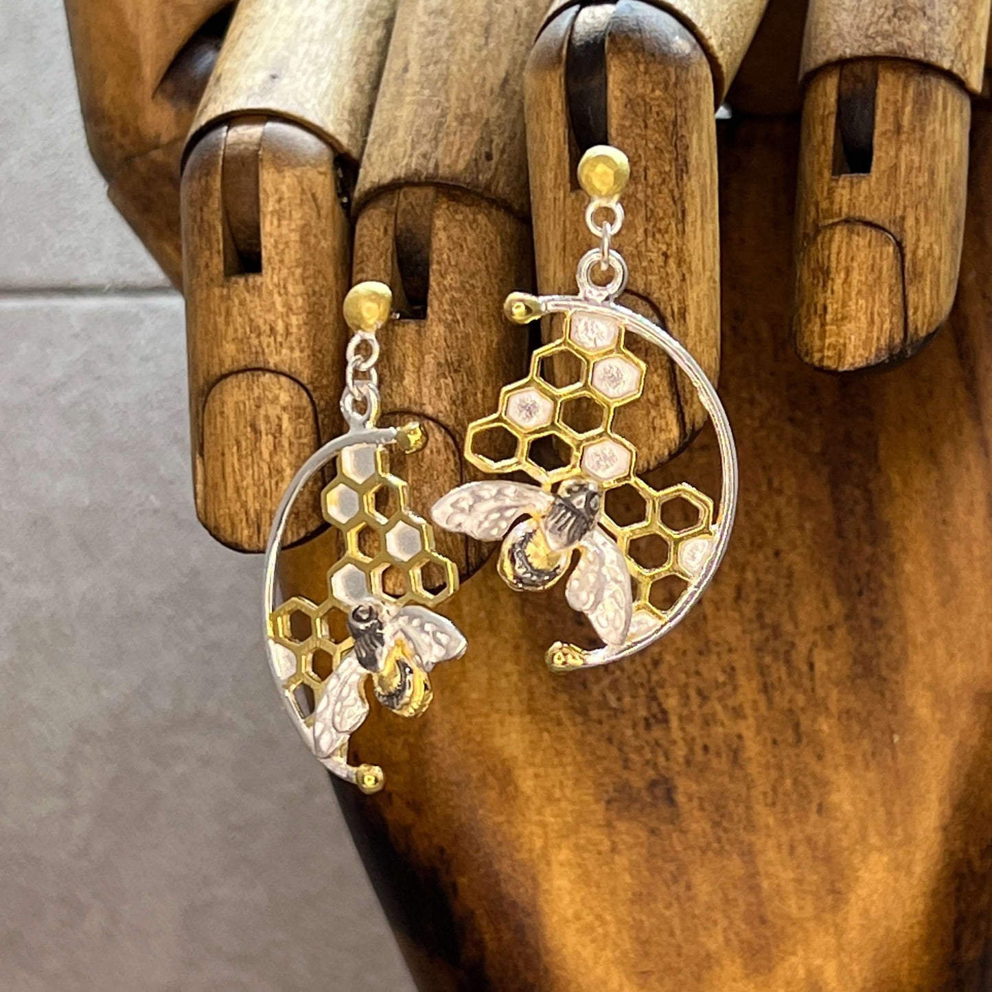 Honeycomb Sterling Silver Honeybee Earrings by Paula Bolton - Twelve Silver Trees