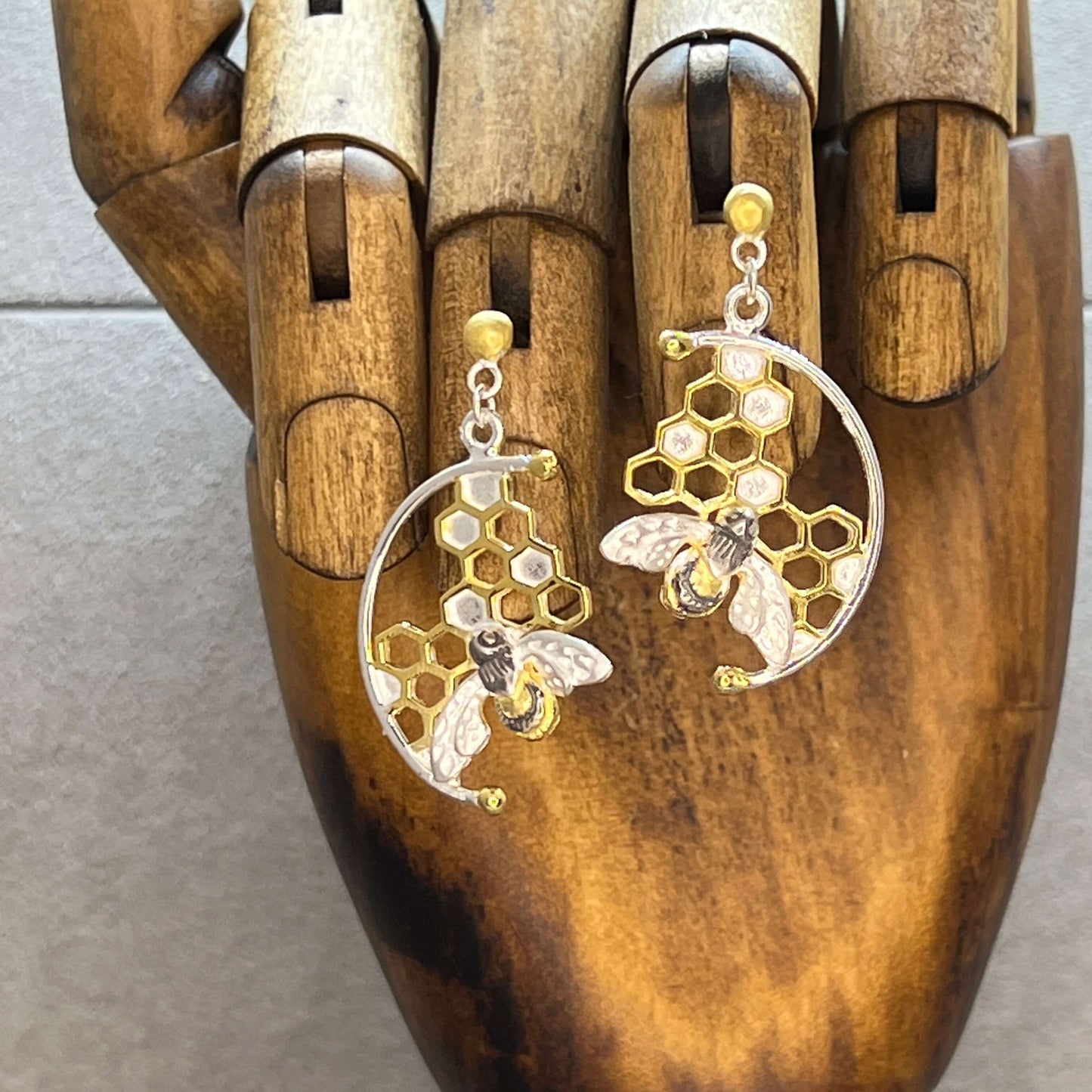Honeycomb Sterling Silver Honeybee Earrings by Paula Bolton - Twelve Silver Trees