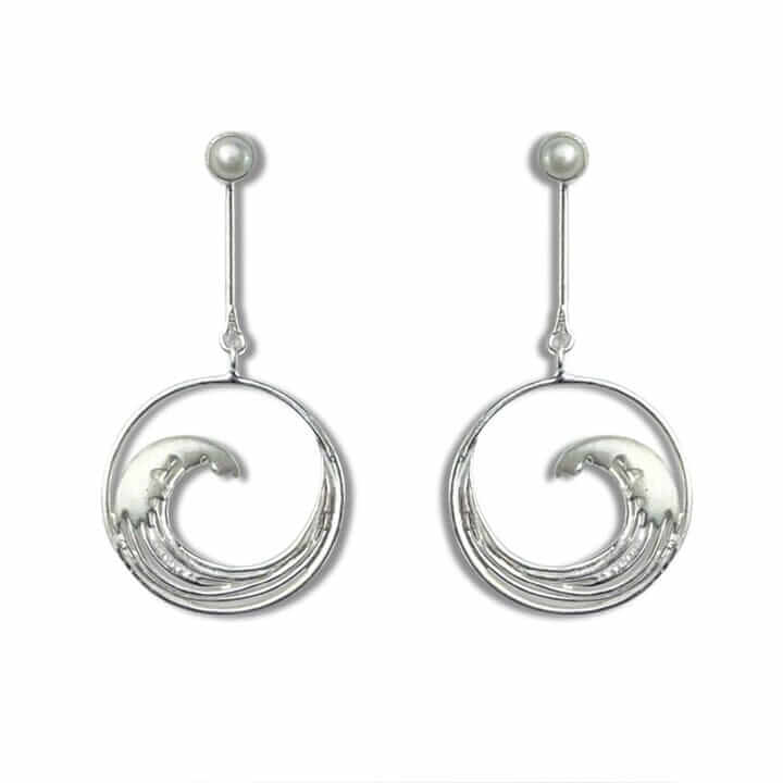 Japanese Inspired Hokusai The Great Wave Sterling Silver & Pearl Long Earrings - Twelve Silver Trees