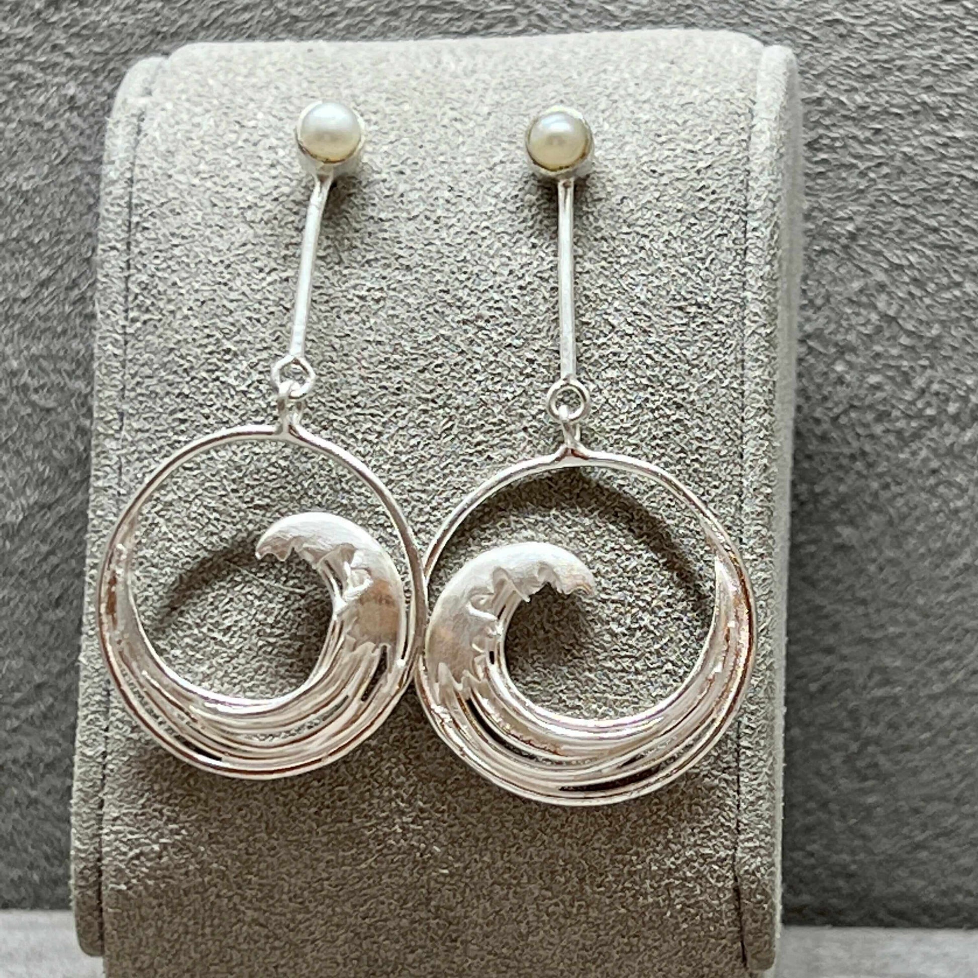 Japanese Inspired Hokusai The Great Wave Sterling Silver & Pearl Long Earrings - Twelve Silver Trees