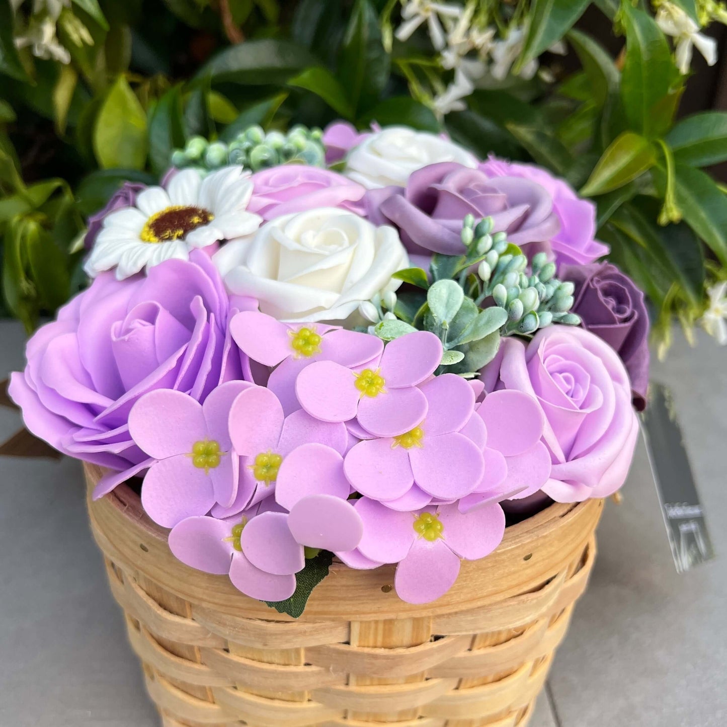Large Lilac Flower Garden, Soap Flower Wicker Basket Bouquet - Twelve Silver Trees