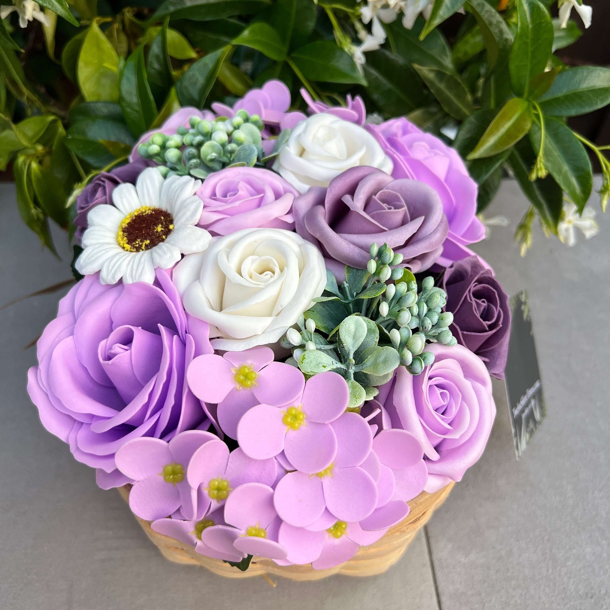 Large Lilac Flower Garden, Soap Flower Wicker Basket Bouquet - Twelve Silver Trees