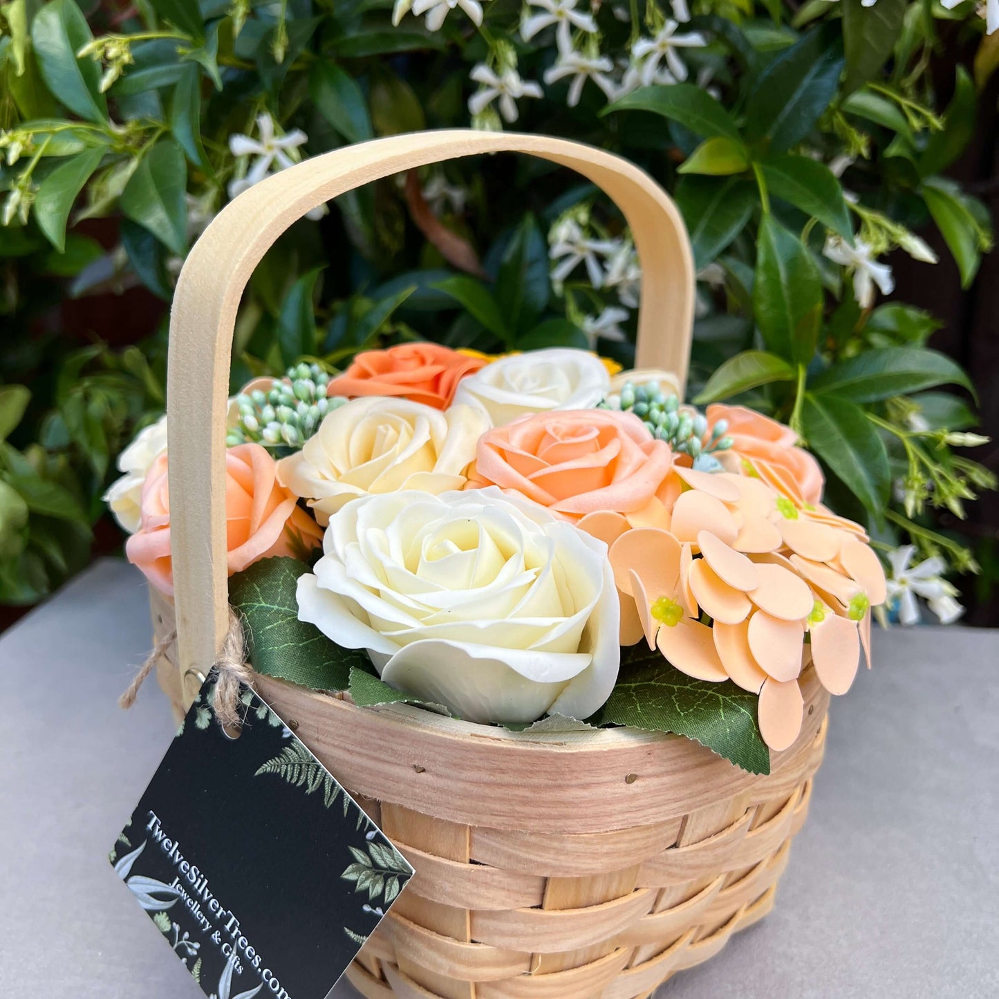 Orange Flower Garden, Soap Flower Basket Bouquet - Twelve Silver Trees