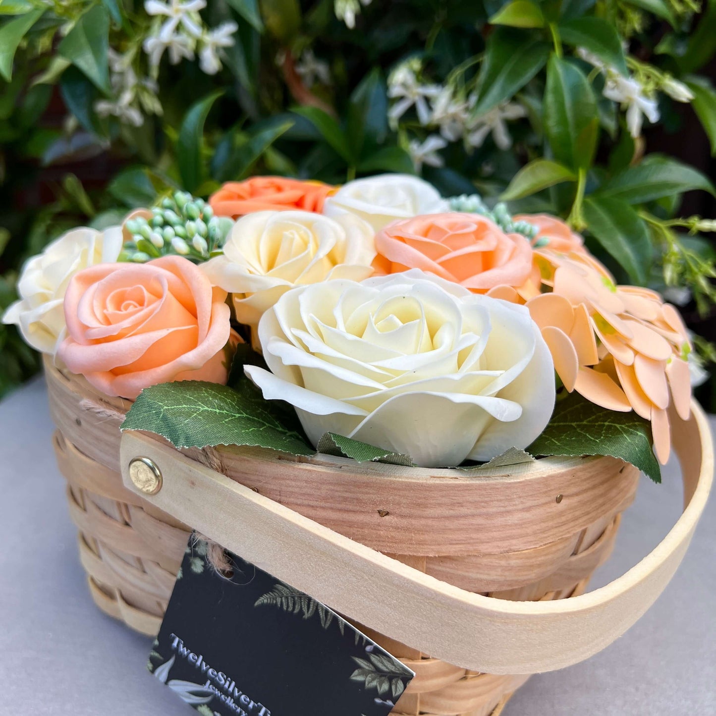 Orange Flower Garden, Soap Flower Basket Bouquet - Twelve Silver Trees