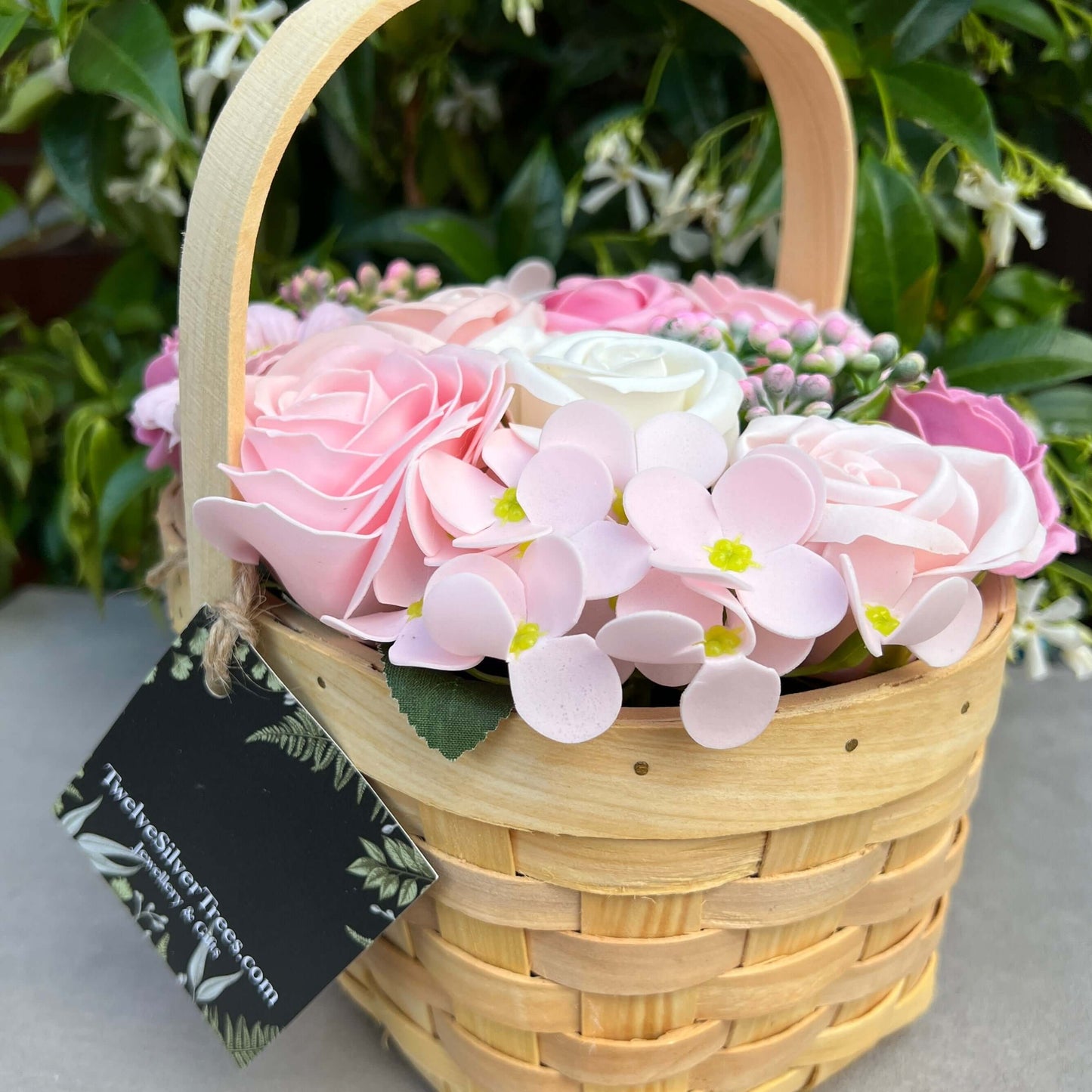 Large Pink Flower Garden, Soap Flower Wicker Basket Bouquet - Twelve Silver Trees