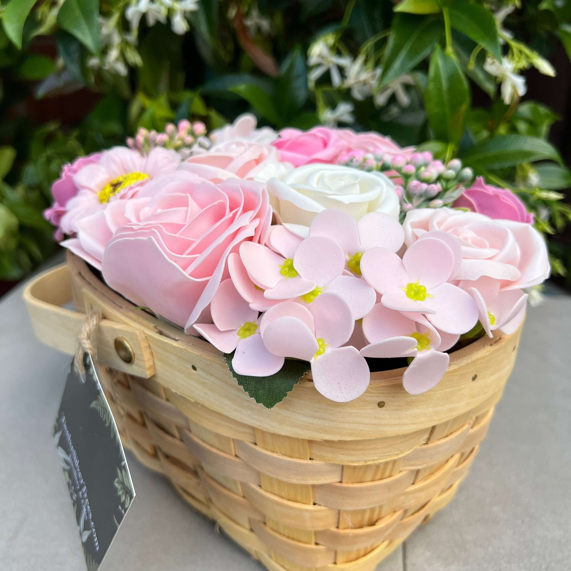 Large Pink Flower Garden, Soap Flower Wicker Basket Bouquet - Twelve Silver Trees