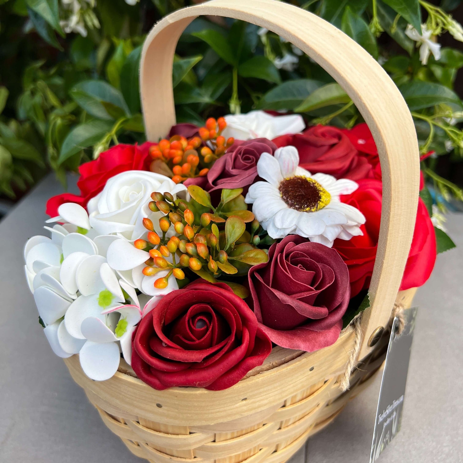 Large Red Flower Garden, Soap Flower Wicker Basket Bouquet - Twelve Silver Trees