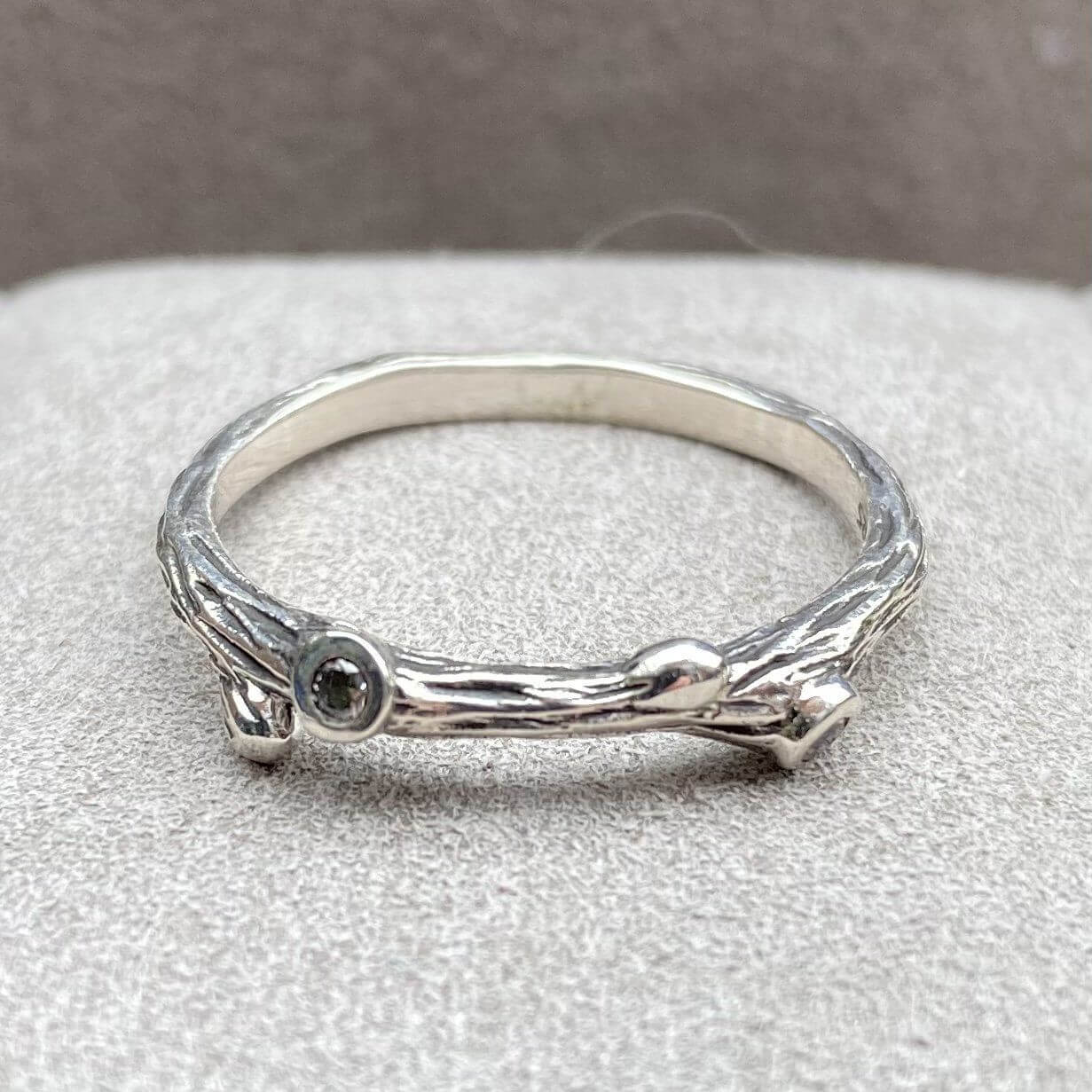 Oxidised Sterling Silver Branch Ring with Zirconia Accents - Twelve Silver Trees