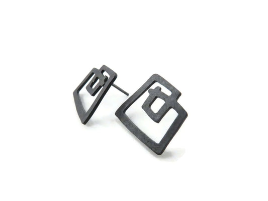 Sculptural Oxidised Sterling Silver Silver Stud Earrings - The Dedalo Collection - Twelve Silver Trees