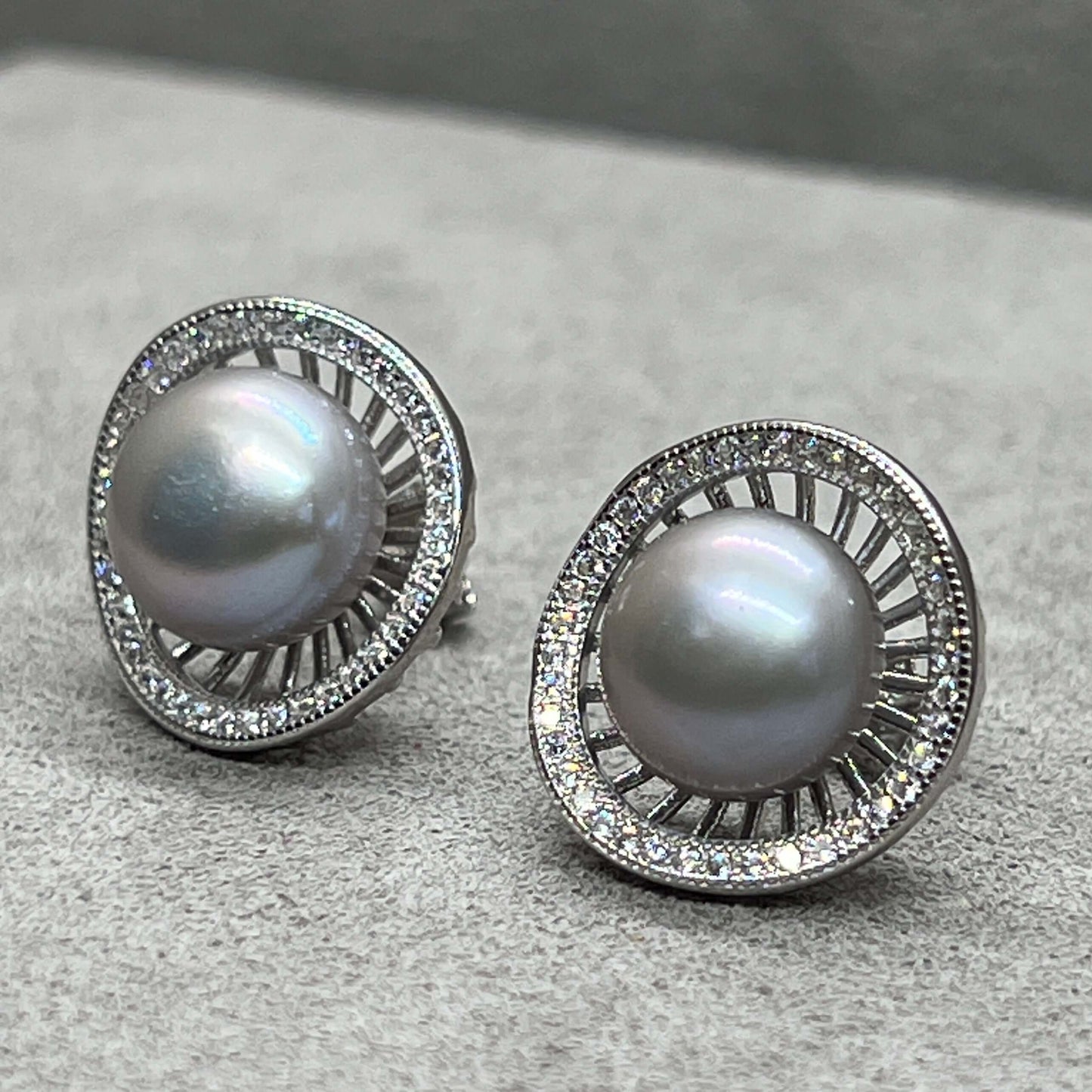 Silvery Grey Freshwater Pearl Basket Stud Earrings - Twelve Silver Trees