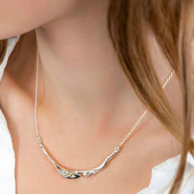 Elegant Calla Lily Handmade Bar Necklace in Sterling Silver & 14 Carat Gold - Twelve Silver Trees