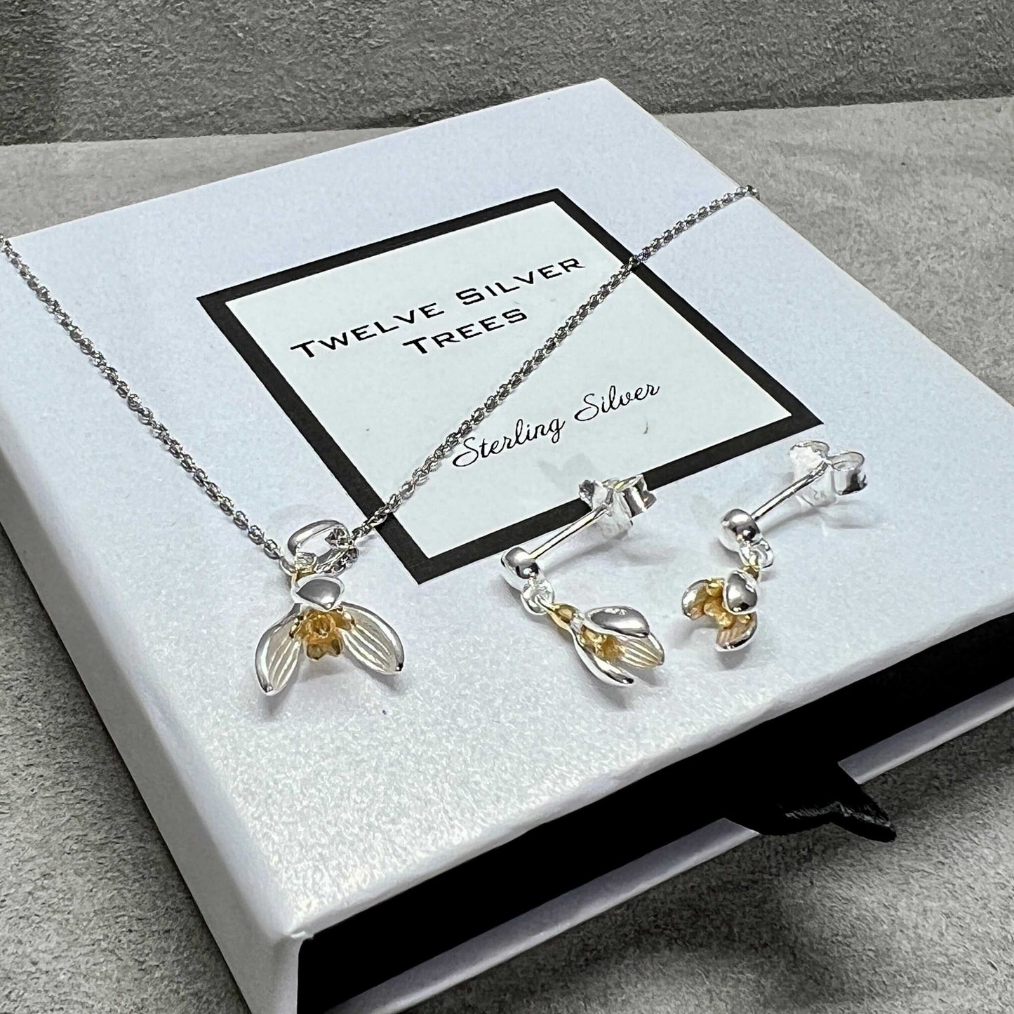 Snowdrop Drop Stud Earrings in Sterling Silver & 18 Carat Gold - Twelve Silver Trees