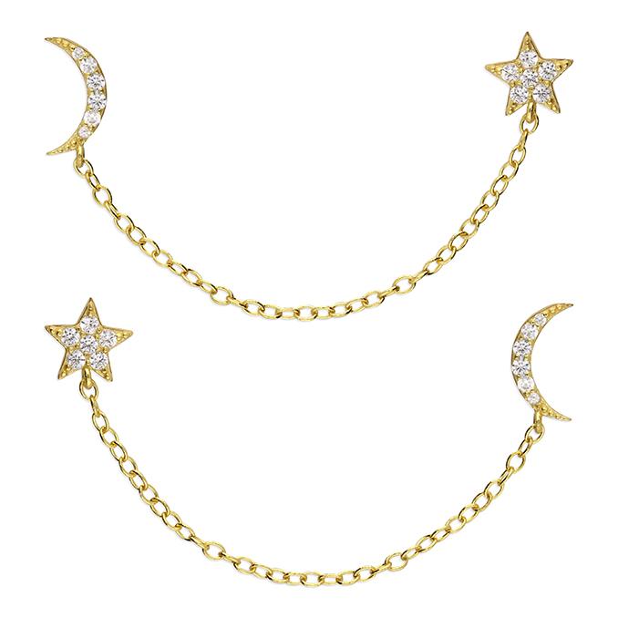 Star & Moon Gold Double Stud Chain Earrings - Twelve Silver Trees